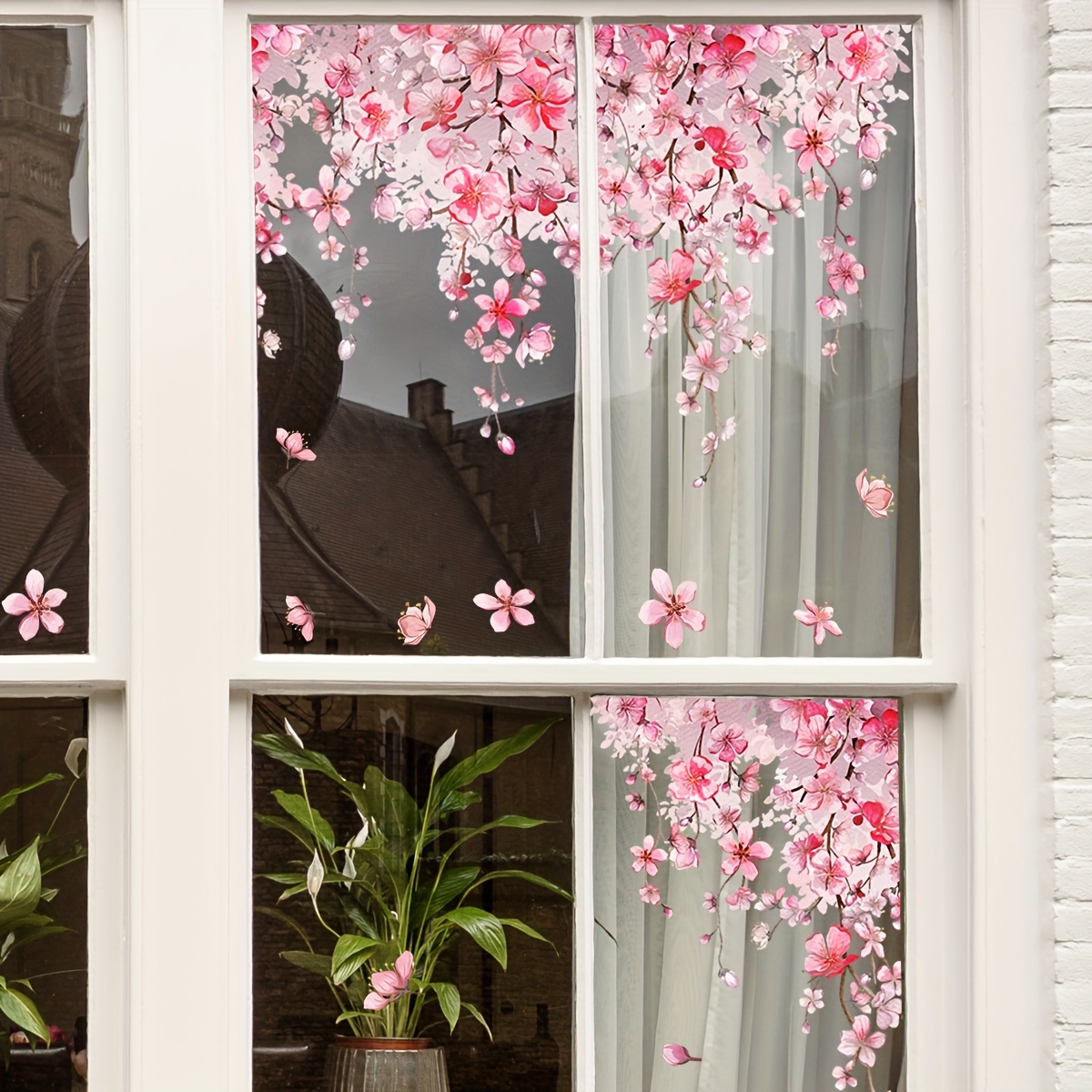 

Pink Floral Rattan Double-sided Window Clings - No Power Needed, Bathroom Decor