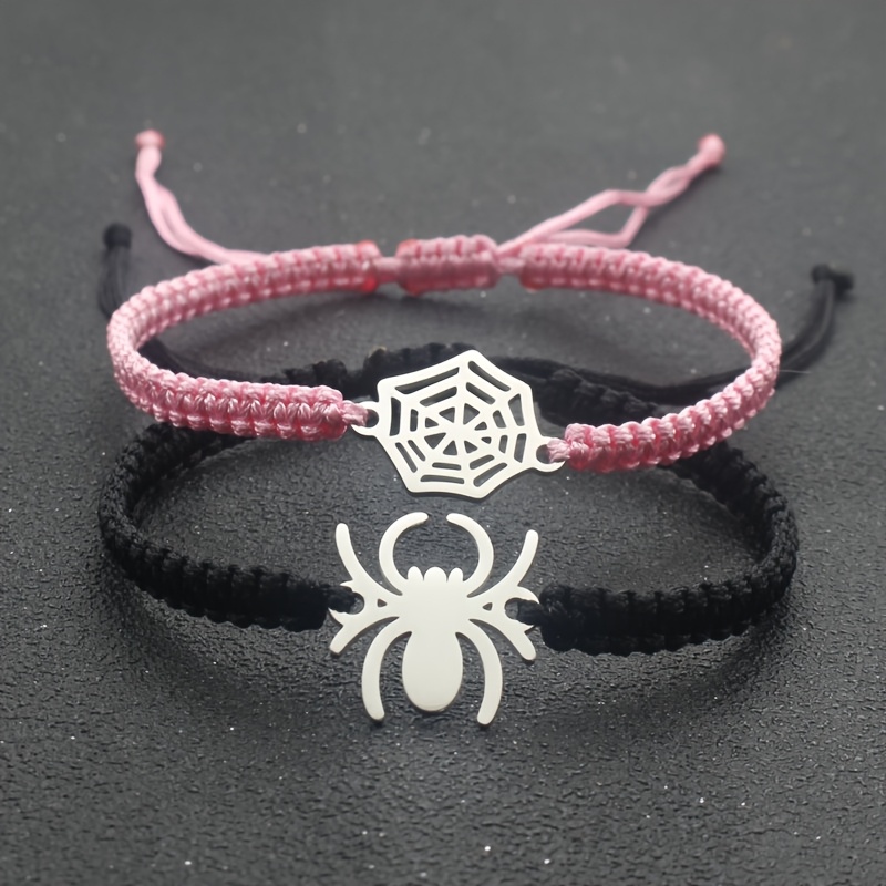 TEMU 2pcs Stainless Steel Spider Bracelet Set, Handcrafted Minimalist Adjustable Nylon Cord Woven Bracelet, Couple's Jewelry, Suitable For Men And
