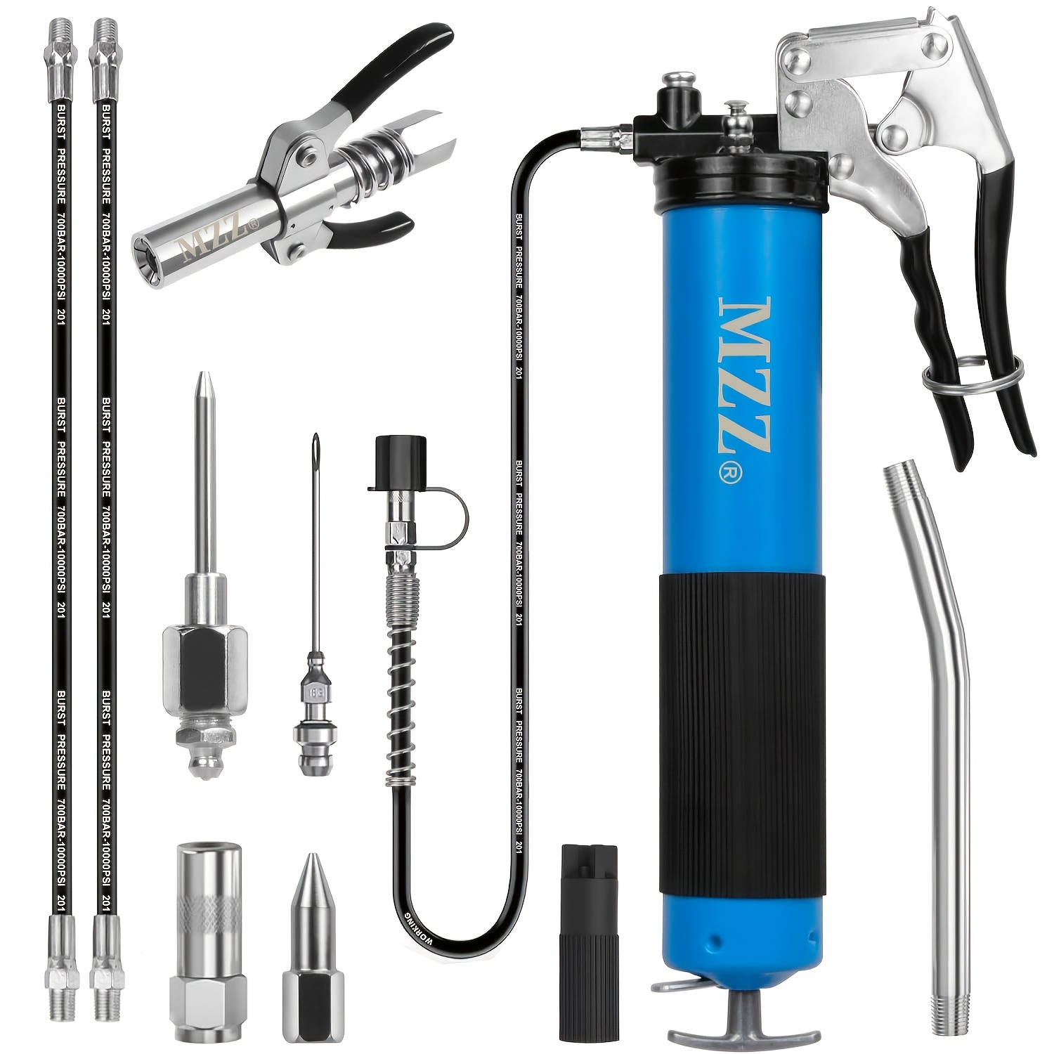 TEMU Grease Gun Kit, 7000 Psi Heavy Duty Grease Gun With Lock Coupler, 18" Hose, 14oz Load, 2 Standard Hoses, Grease Injector, Needle, Coupler, Sharp