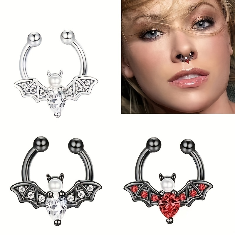 

3 Pcs 1 Pack, Women's Body Piercing Jewelry, Stainless Steel With Zirconia Pearl Bat Nose Ring, No Piercing Bat Nose Studded Nose Jewelry