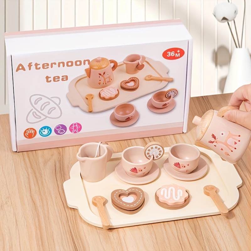 Image of Wooden Pretend Afternoon Tea Set Toy, Handiccraft Toy Tea Set Play Kitchen Accessories, Enlightenment Intelligence Development Early Teaching Aids For Kids Birthday, Halloween, Christmas Gifts