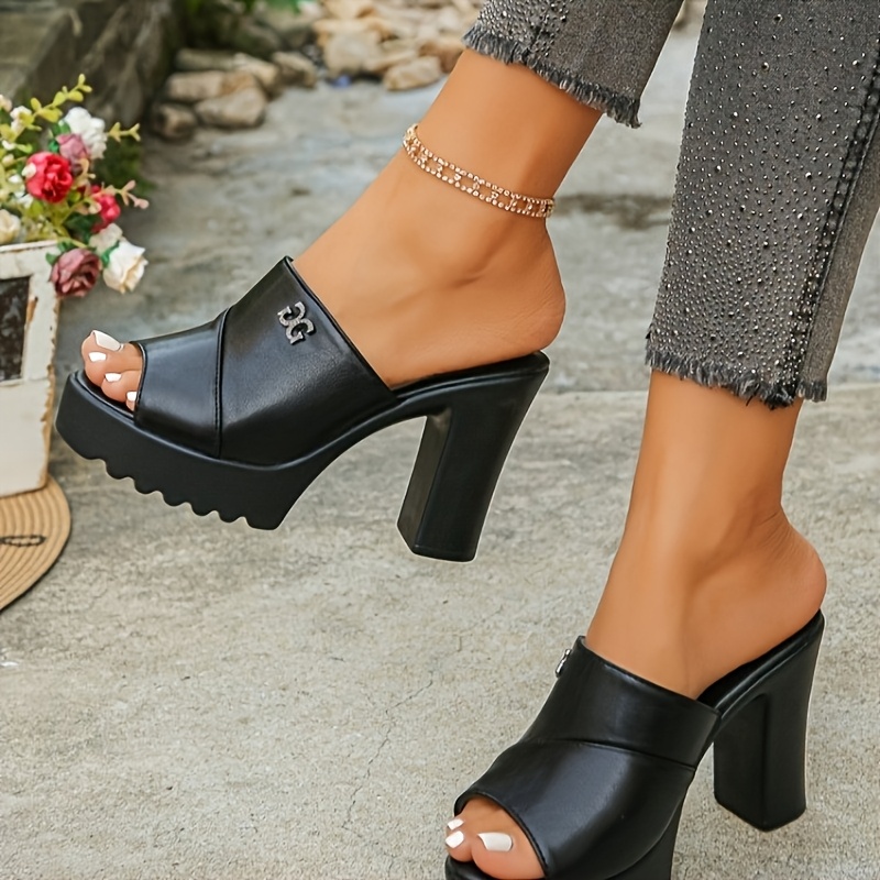 E-shop Damen-Slidesandalen mit schwarzem Plateau-Blockabsatz, offene Mules, bequeme High-Heel-Slip-On-Schuhe, Damenschuhe