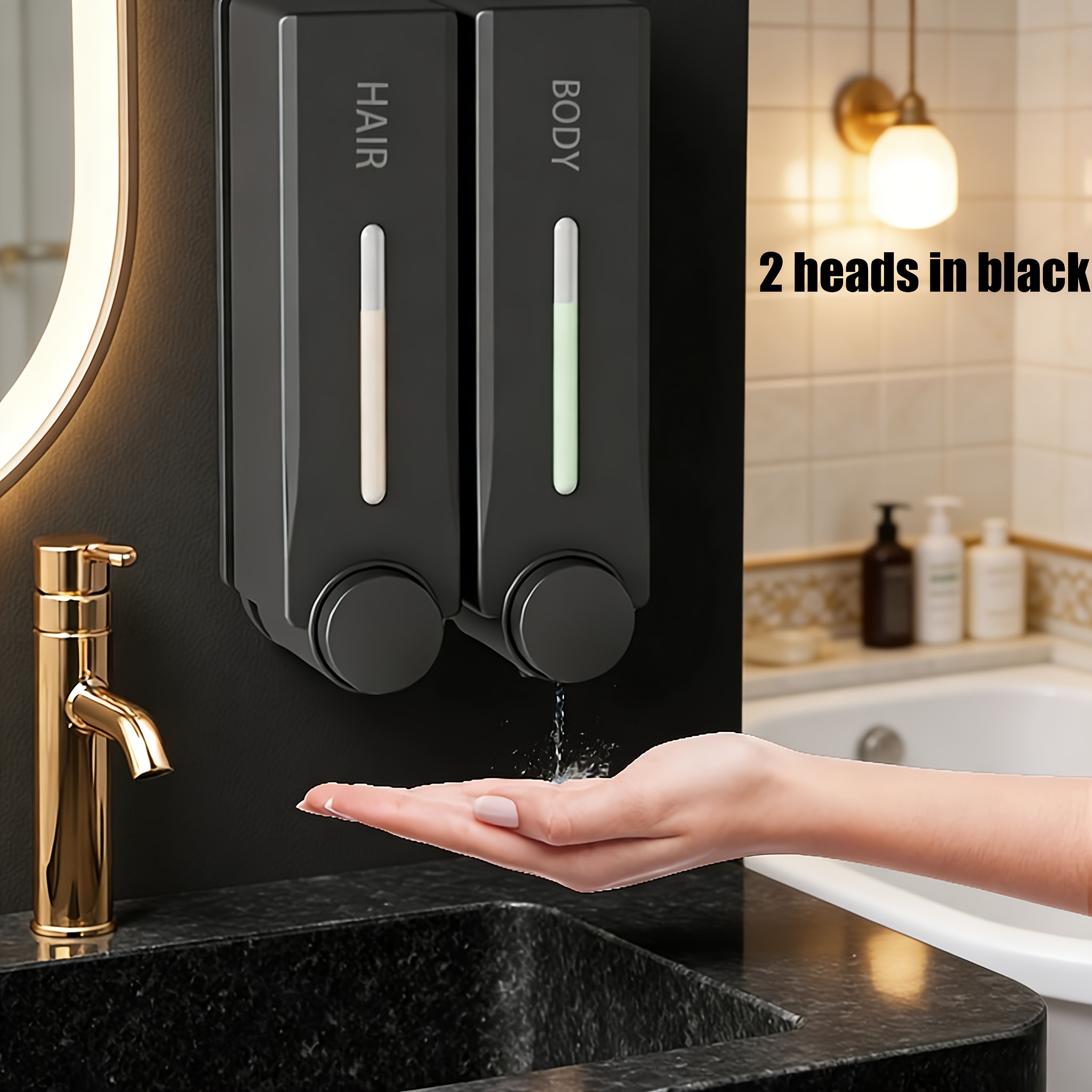 2pcs Elegant Black Wall-mounted Liquid Soap Dispenser, Abs Material, Suitable For Hotels, With Replaceable Bottle Casing, For Shampoo And Body Wash, Simple Manual Push Design, No Drilling Required