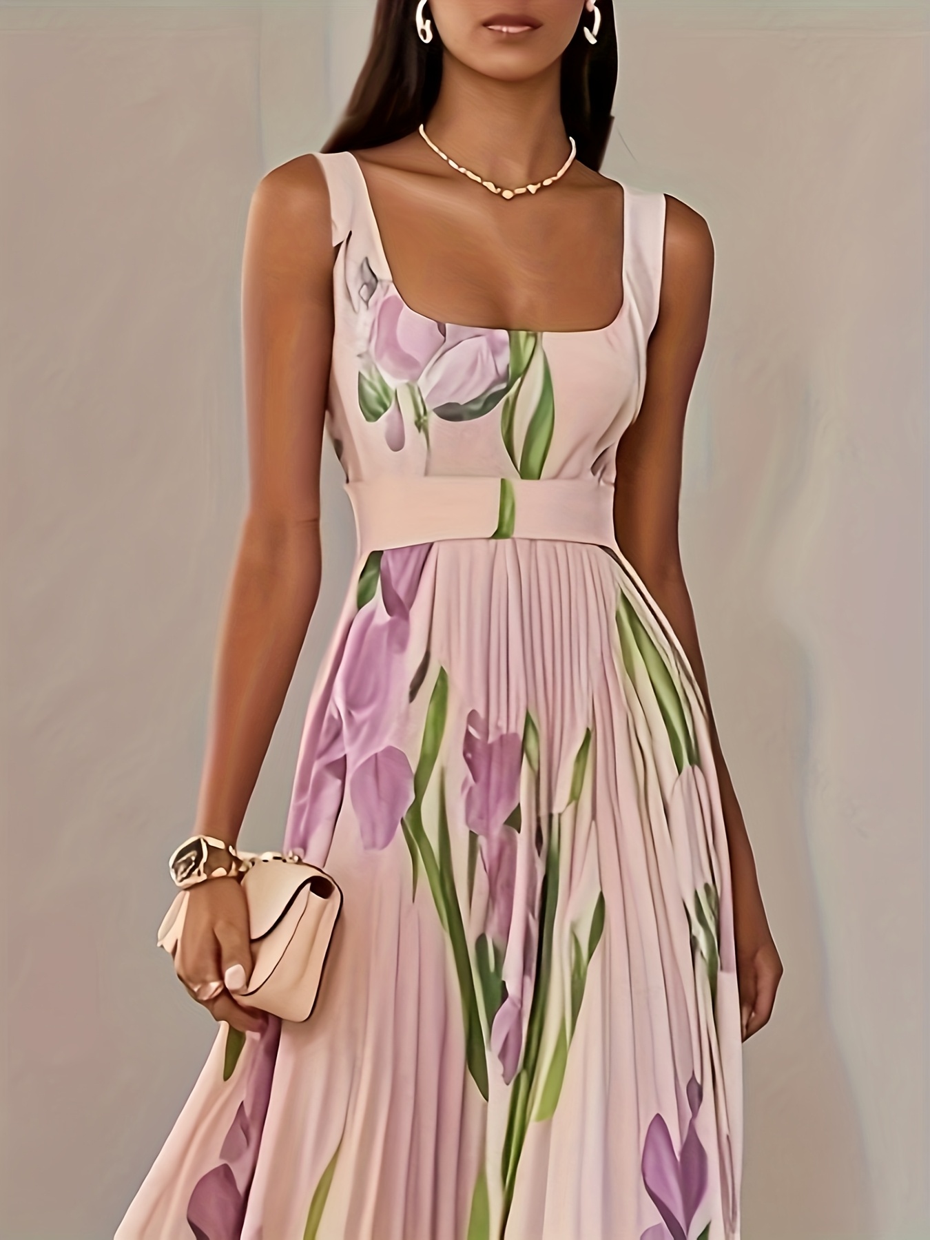 womens elegant floral print a line ball gown long formal dress with flared hem flowy party wedding gala evening gown in soft pastel colors mint green beige pink white lavender formal event attire dresses for wedding guest summer fashion pleated skirt lightweight fabric adult women Product details 0
