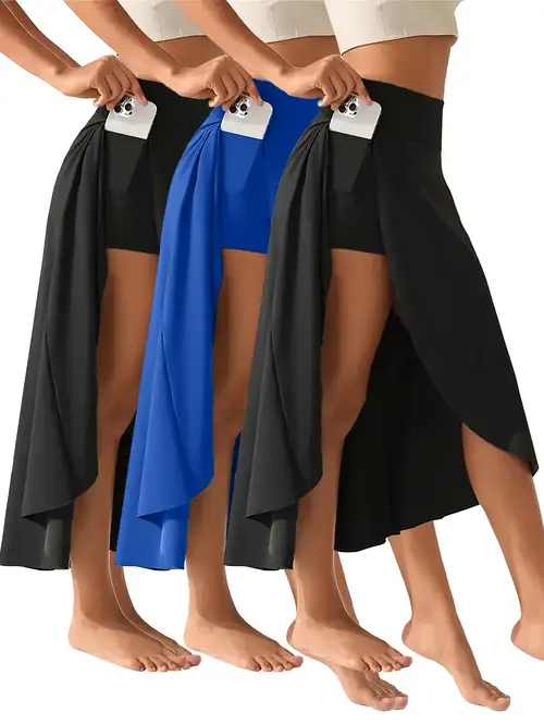 3 pack tummy control side crotchless high waist shorts elegant solid color quick dry pockets ideal for yoga workout daily wear summer beach attire beach attire side design fabric