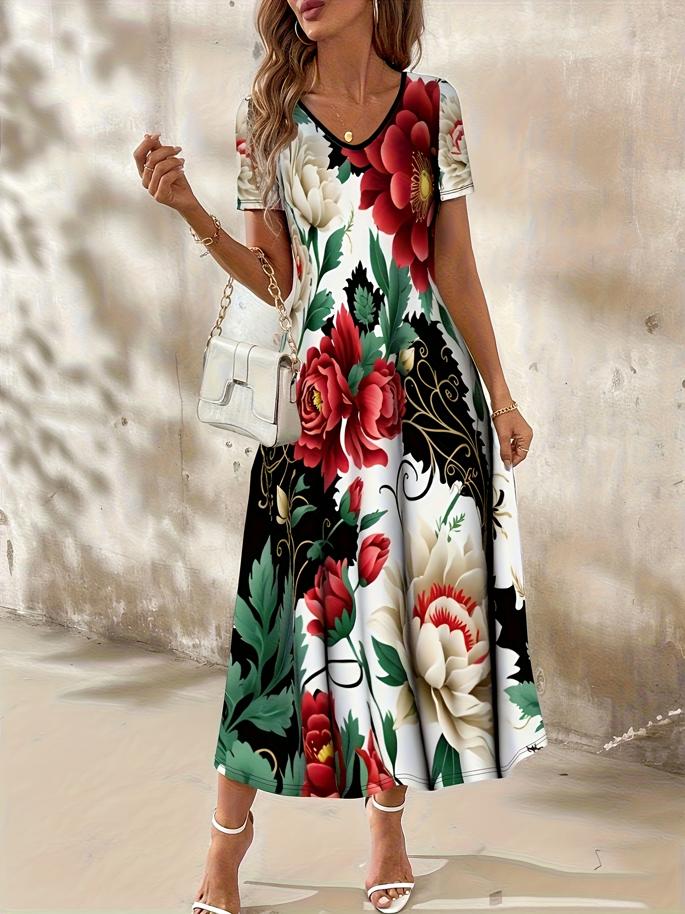 casual floral print v neck dress short sleeve pocket dress