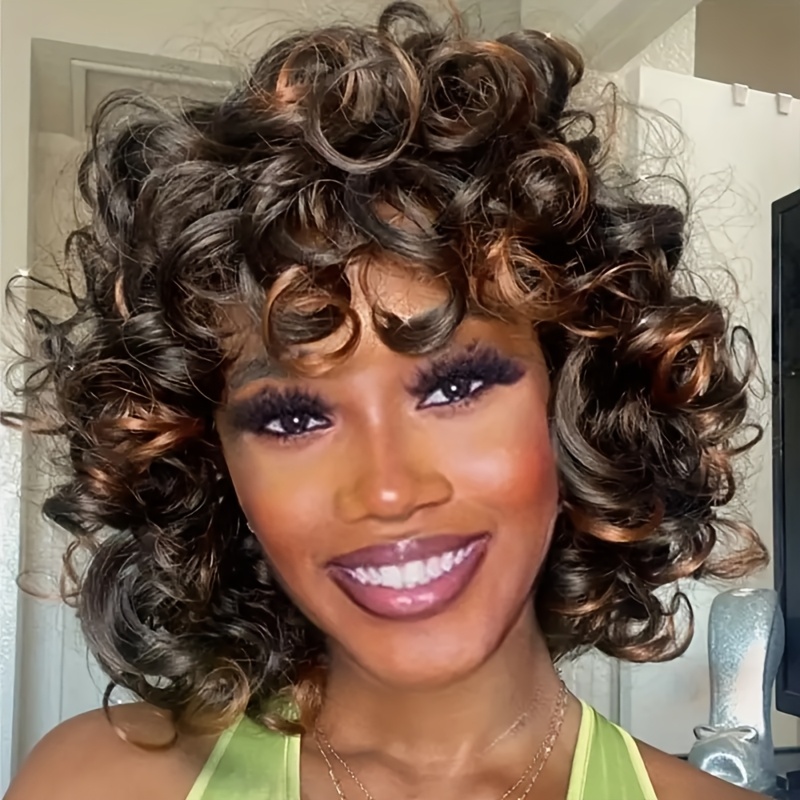 TEMU Short Curly Afro Wig With Bangs For - 14" Ombre Synthetic Wig, , Natural Look For All Light Beige Tones & , Short Hair Wig, Fashion Accessory, , Protective Hairstyle