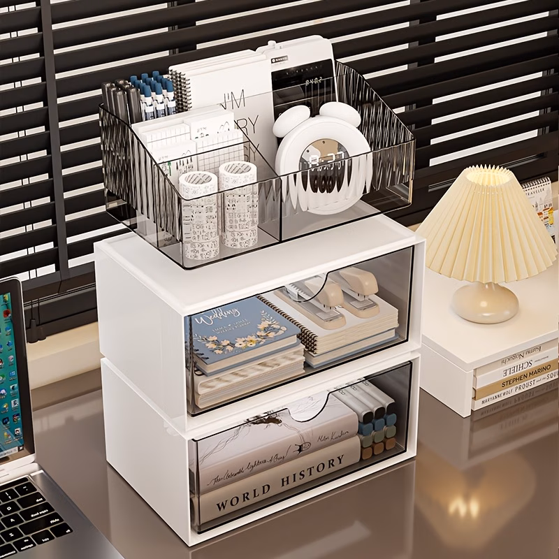 versatile use large capacity desk organizer with drawer multi layer transparent storage box for office supplies back to school organization Product details 5