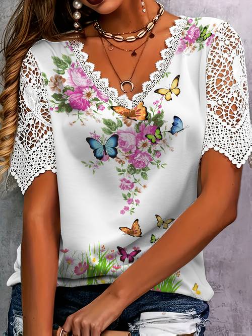 Artikelbild damen-top in übergröße, elegant , mit v-ausschnitt, spitzenbesatz, kurzarm buntem schmetterlingsdruck