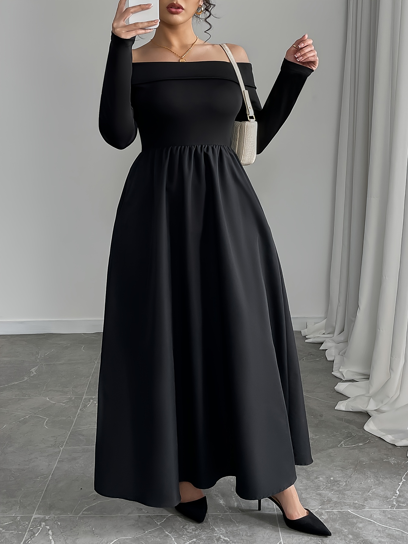 black off the shoulder long sleeve maxi dress Otis Off-Shoulder Long Sleeve Maxi Viscose Knit Dress – NÓRA main image 1