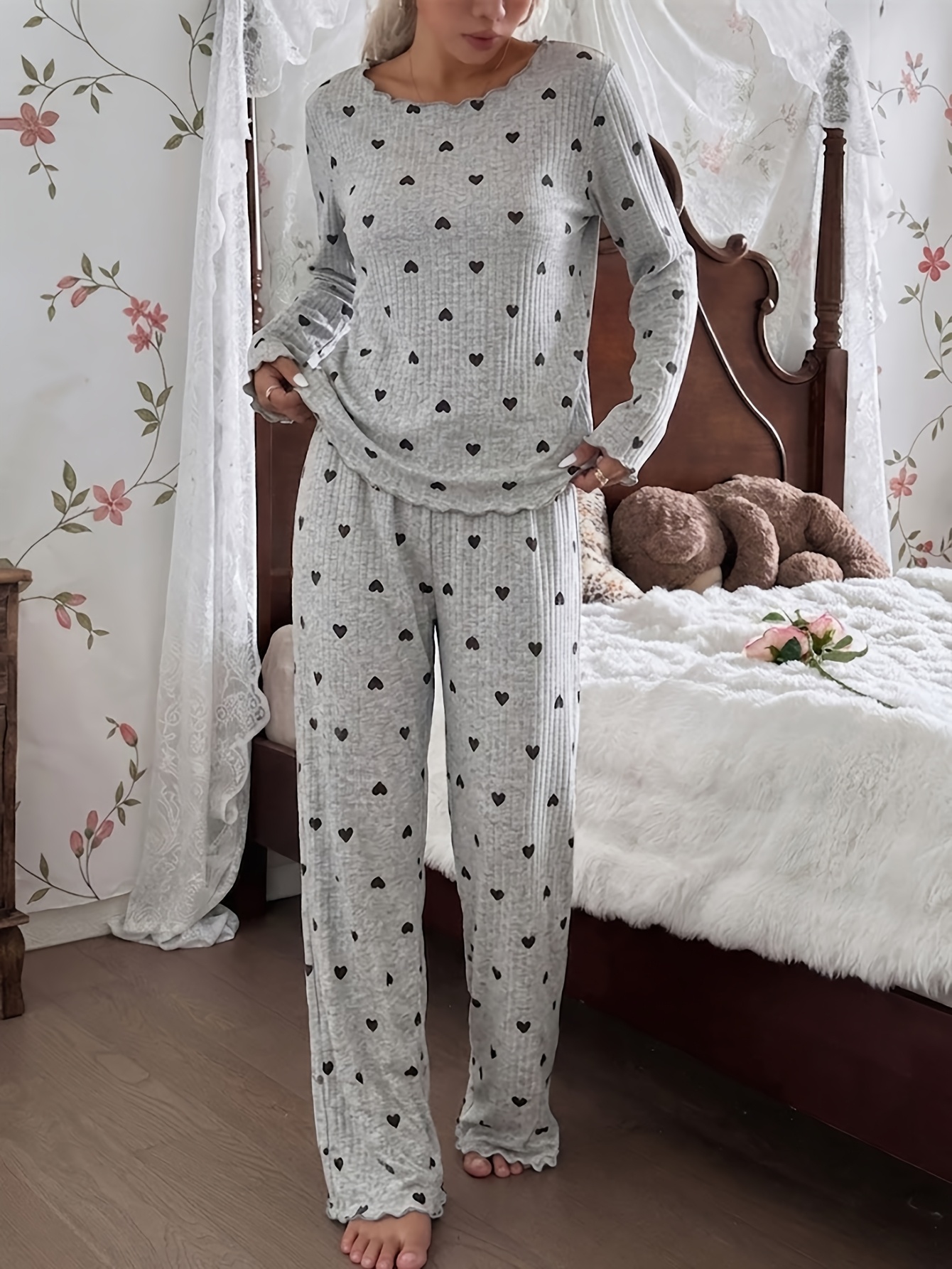 elementbilde høst vinter varme dame 2-  ribbestryktesett, trendy hjerteformet langermet   med rund hals, elastisk midje   loungebukser, valentinsdag nyttårsgave matchende bestemor hjemme nattøy