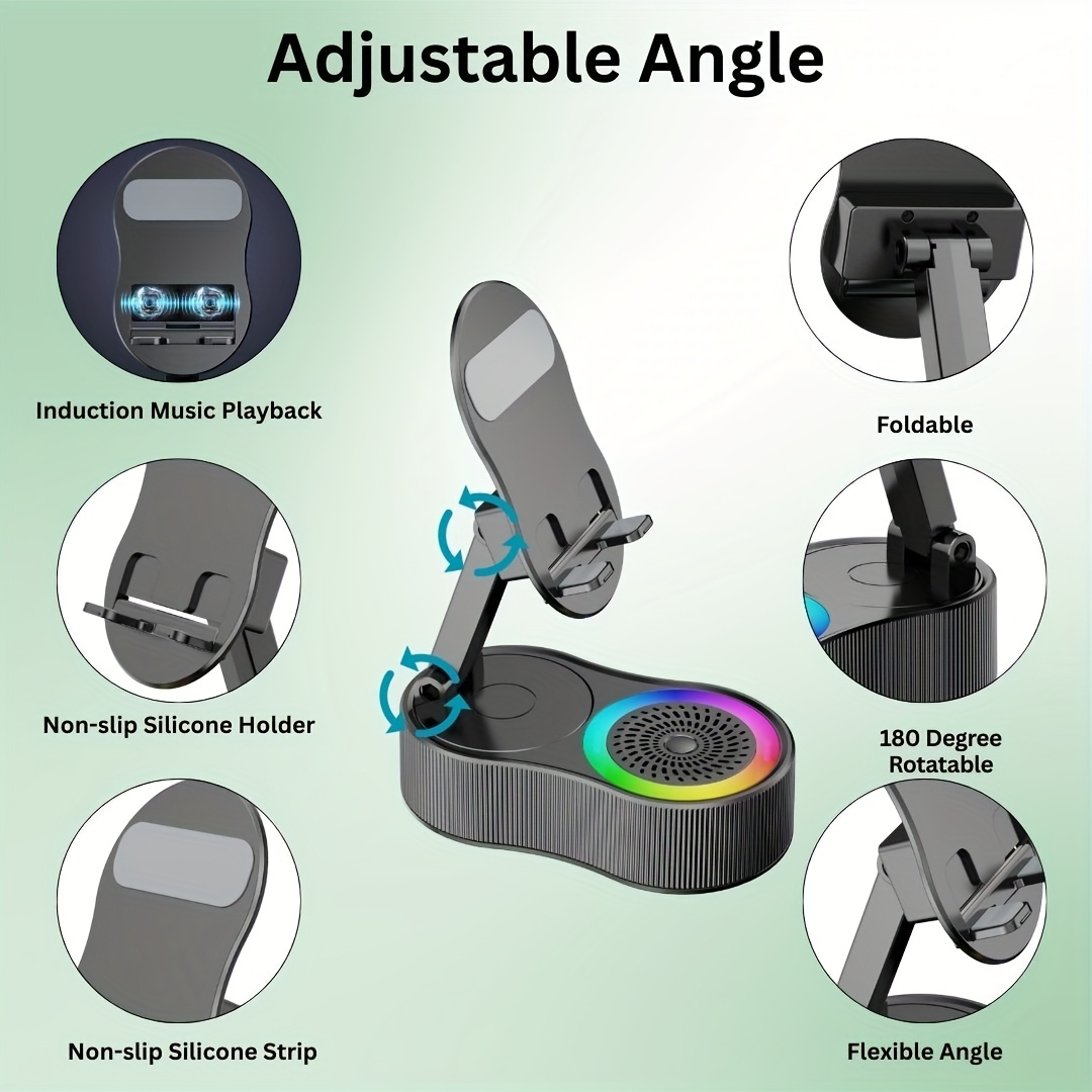 2 pack wireless induction audio wireless speaker phone holder emergency rechargeable 3000mah with colorful ambient foldable for tablet for iphone gifts for men women black Product details 3