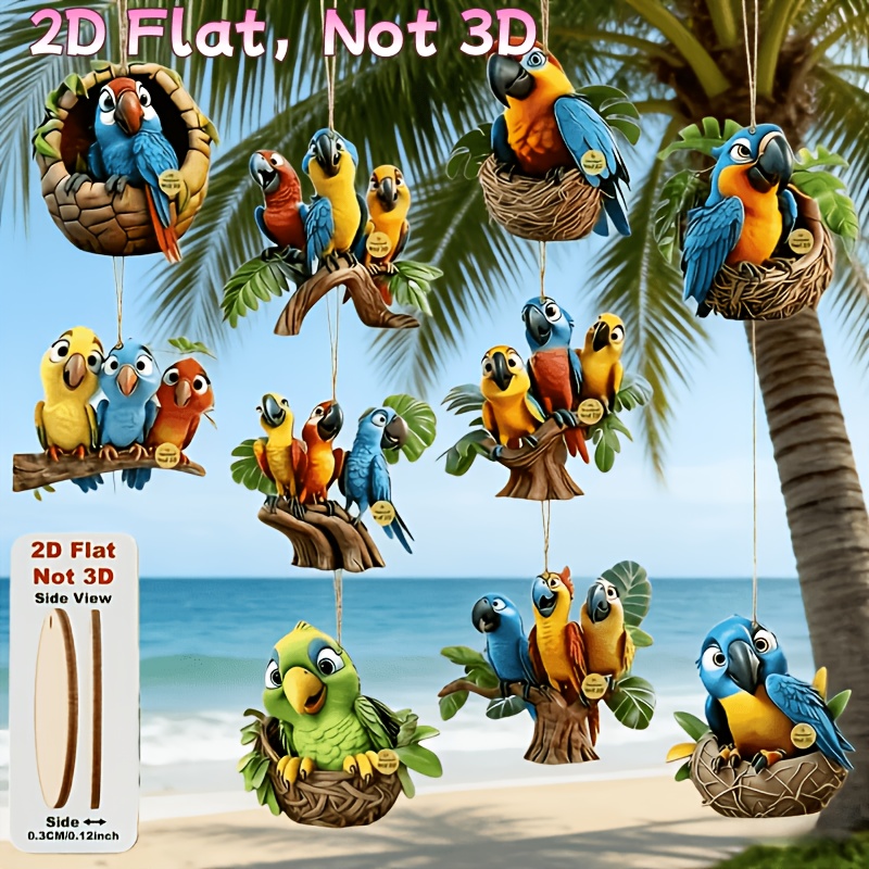 E-shop 2D Flach, 10 Stk./Set Mehrfarbige Holz-Papageien Ornamente - Acryl- und Holzfensterdekorationen für Frühlings- und Sommer-Partys im Freien,