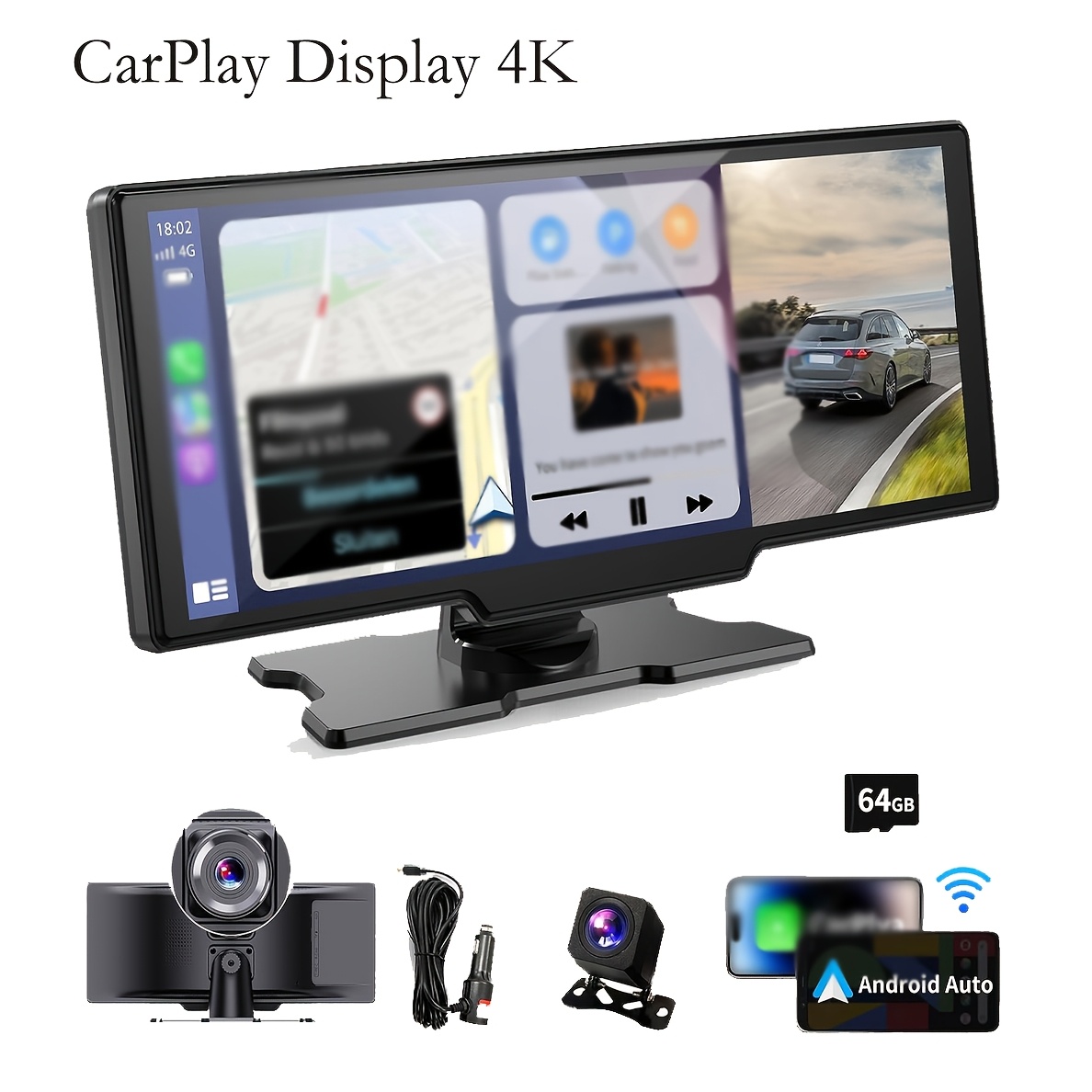 Wireless Portable Car Carplay Screen - 10.26 Inch Carplay & Auto Car Touchscreen Stereo, With 4k Dash Cam, 1080 Backup Camera, Ips Touch Screen, 64g Memory Card/handsfree/gps/fm/aux/tf Card Expansion