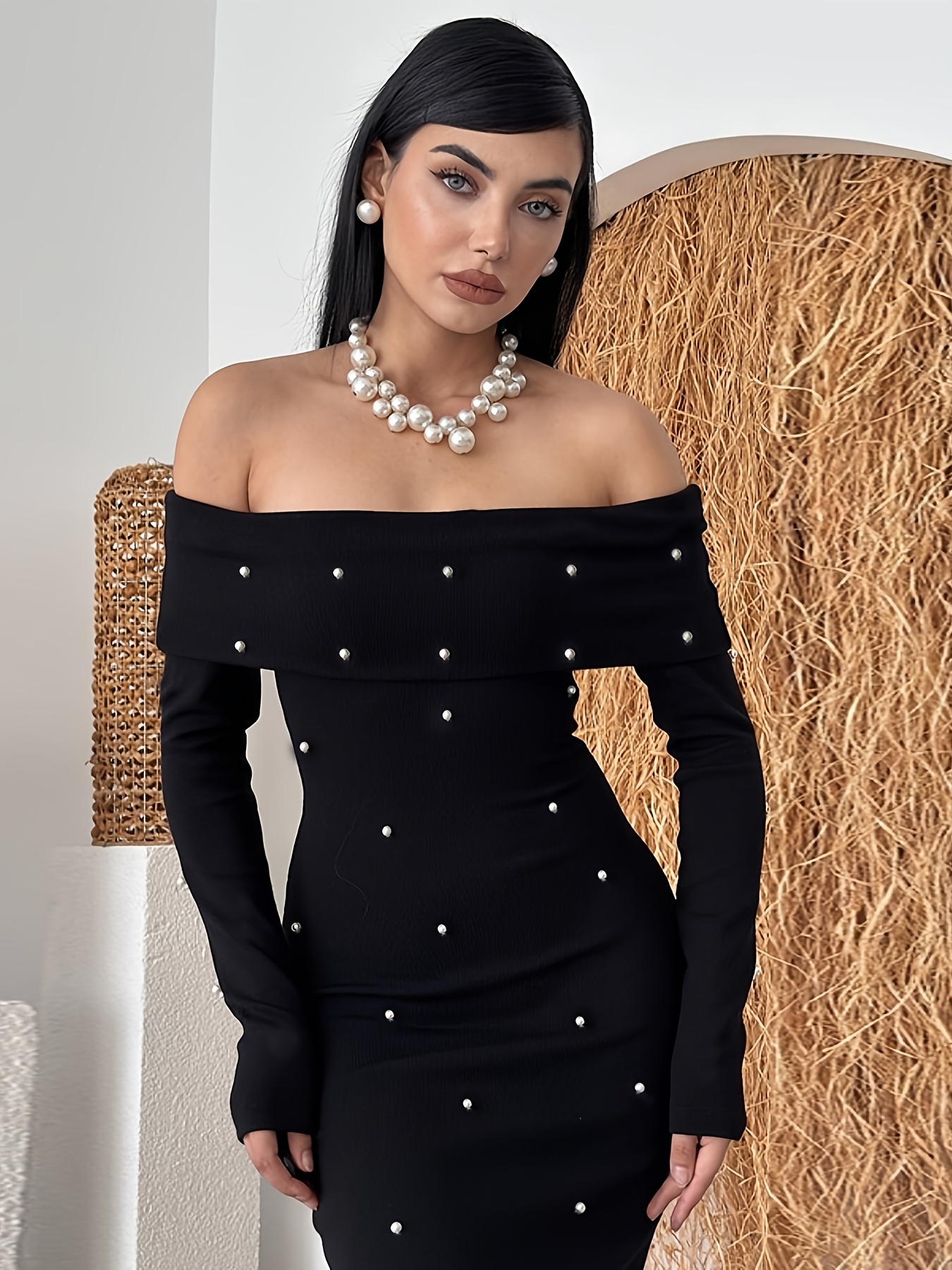 pearl beaded shoulder waist cinching bodycon hip wrap dress - Temu Bahrain