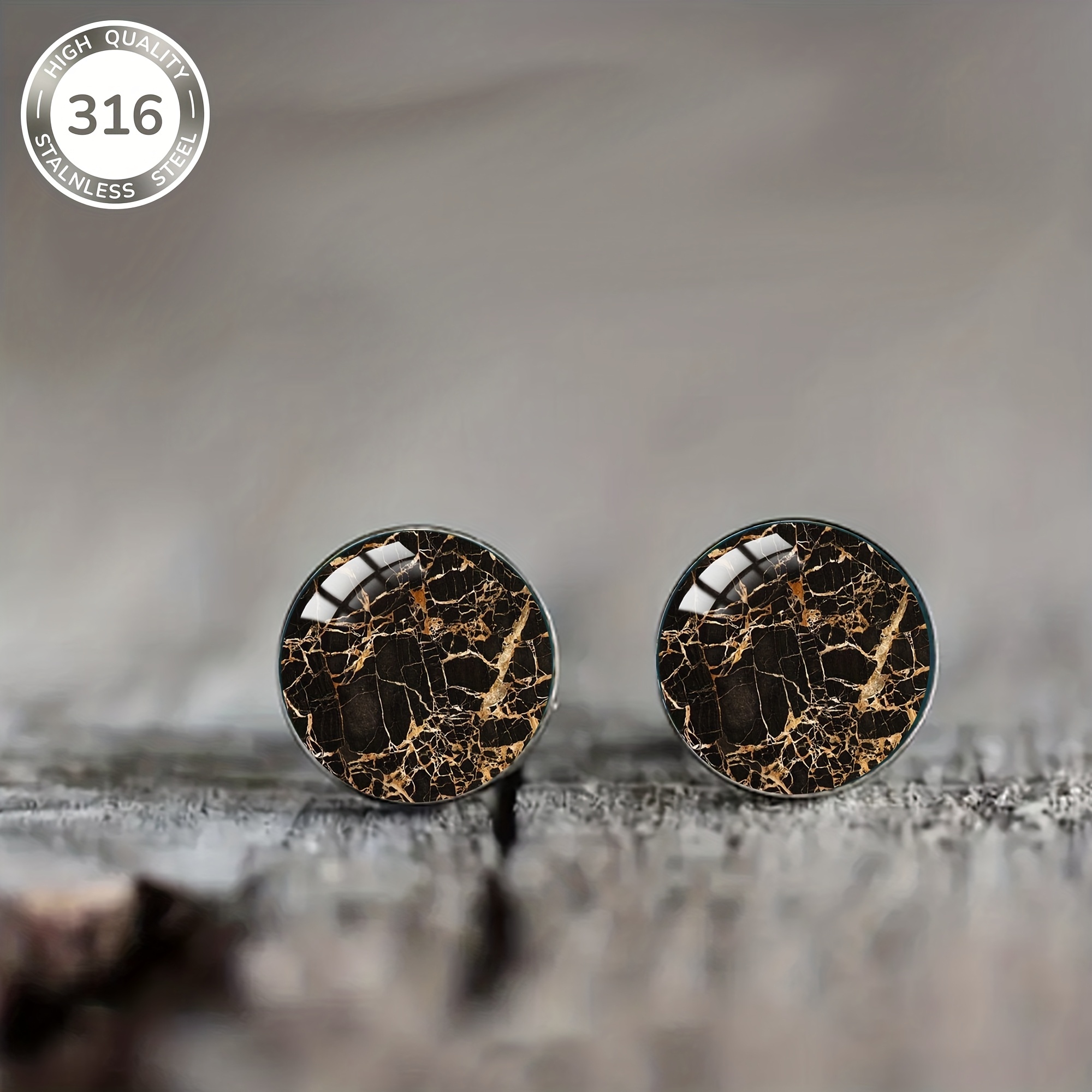 1 Pair Black Marble Pattern Steel Stud Earrings, Luxury Jewelry For Men And Women, Daily Wear And Party Earrings