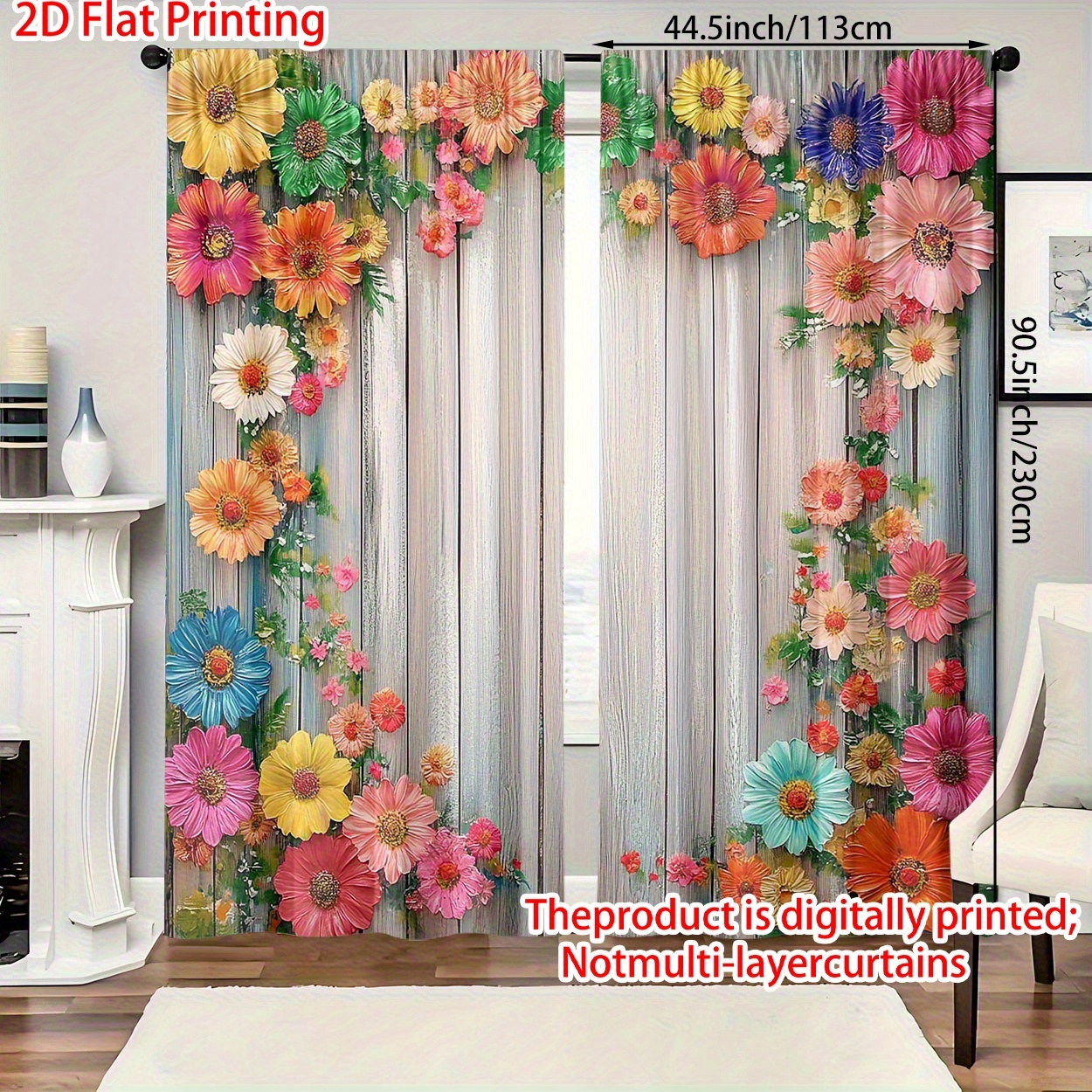 TEMU 2pcs 2d Flat Non-layered Curtains, Polyester Material With High-quality Floral Print, Light Filtering Design For Bedroom, Living Room, Office &
