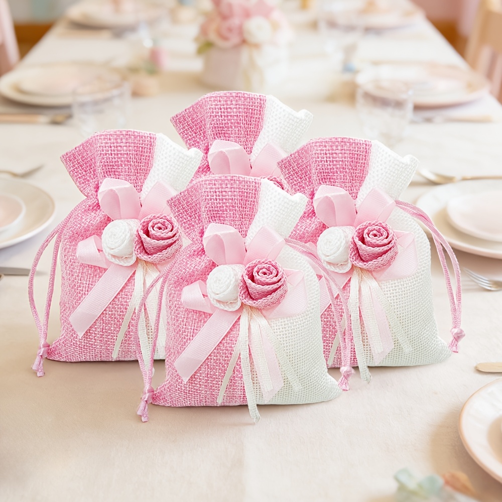 10pcs Blue and Pink Drawstring Gift Bags with Floral Design