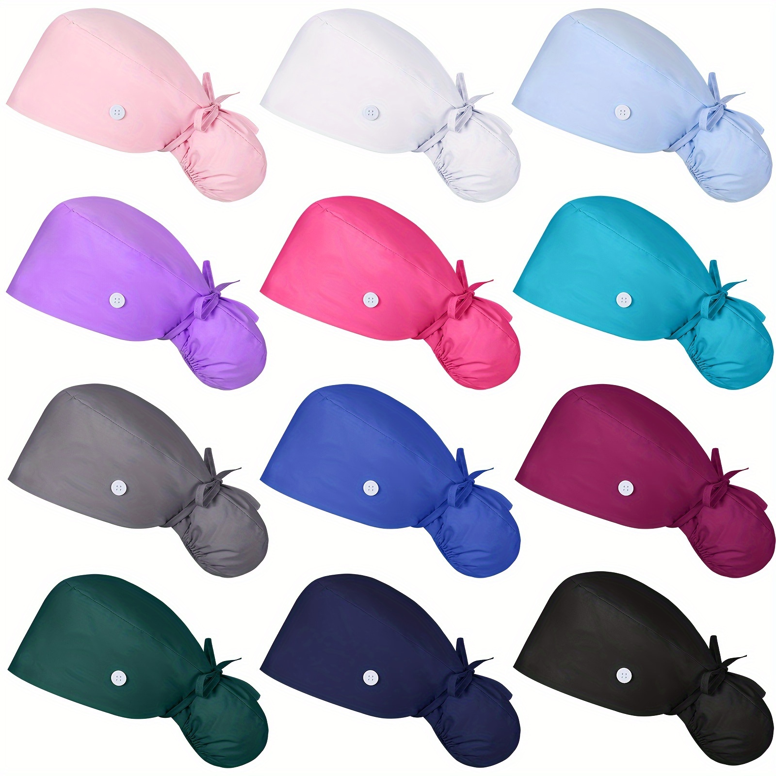 

12pcs Classic Scrub Caps For - Adjustable Button & Ribbon Tie, Ponytail Holder, Ideal For Nurses & Doctors