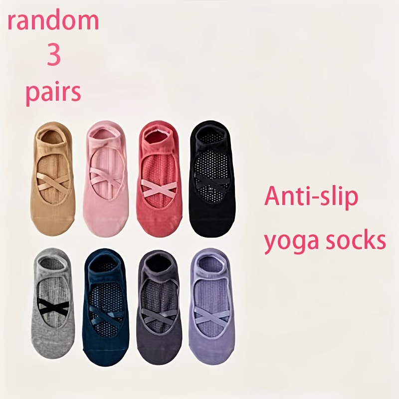 TEMU Juego aleatorio de 3 pares de calcetines de yoga de color liso para mujer, calcetines de silicona antideslizantes, estilo moderno y para