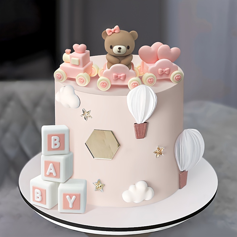

7-piece Baby Shower Cake Topper Set - Train And Mini Bear Decorations, Plastic, No Electricity Needed, Perfect For Birthday Party And Universal Celebrations, Cake Decorating Supplies