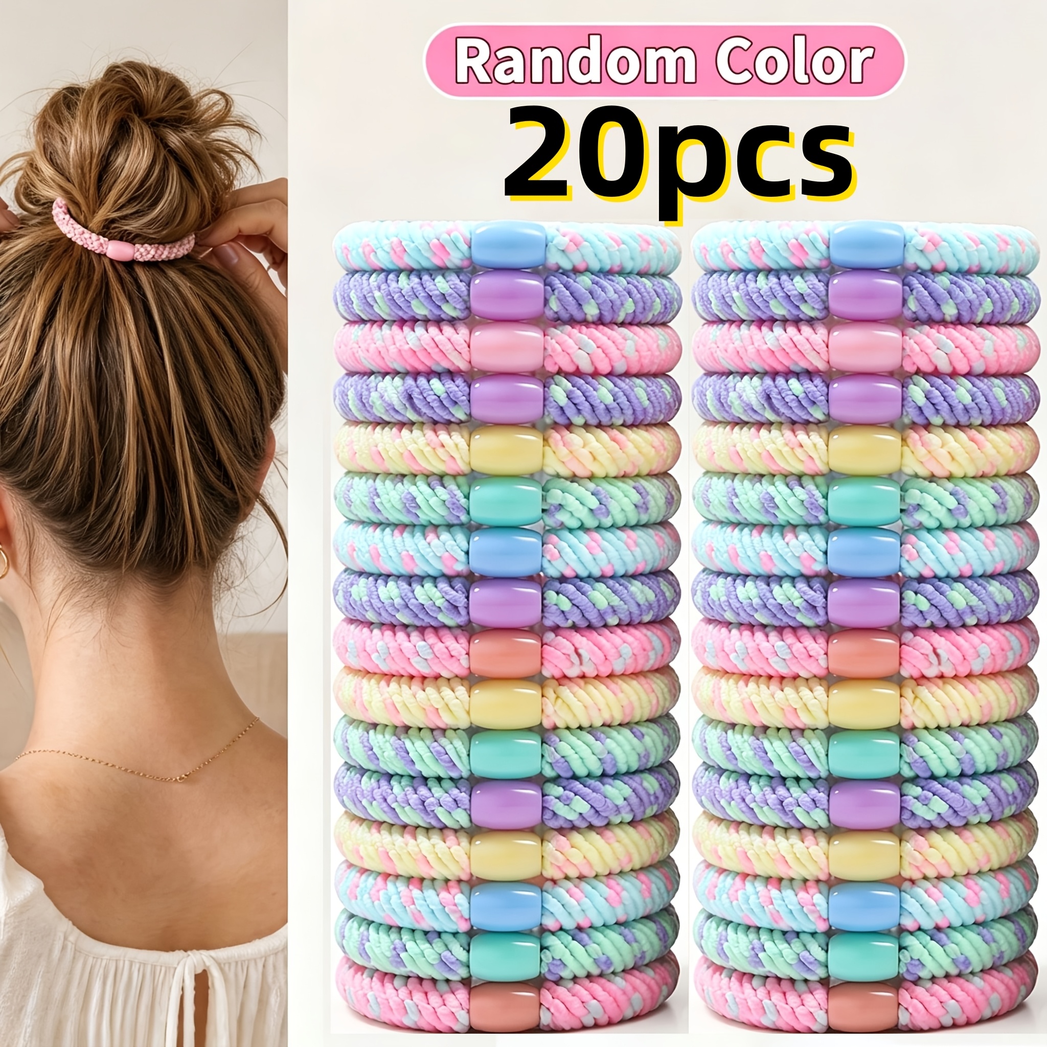 TEMU 20pcs Women's Multicolor Easy High-elastic Hair Ties, Colorful Ponytail Hair Bands For Daily Wear And Sports, Random Color Hair Additions