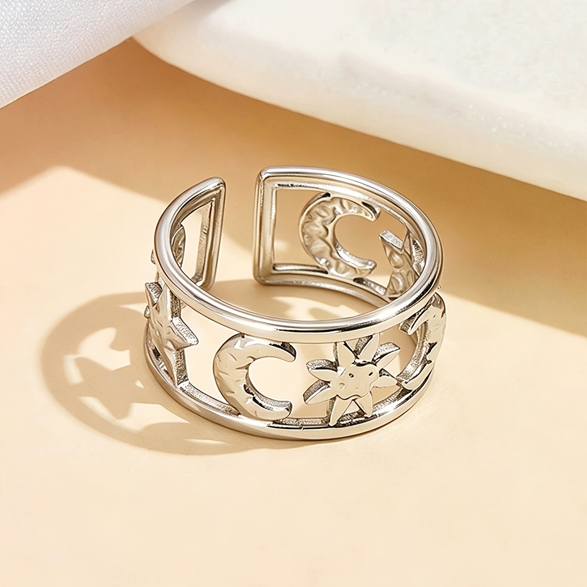 Women's Open-Adjustable Star and Moon Pattern Stainless Steel Ring