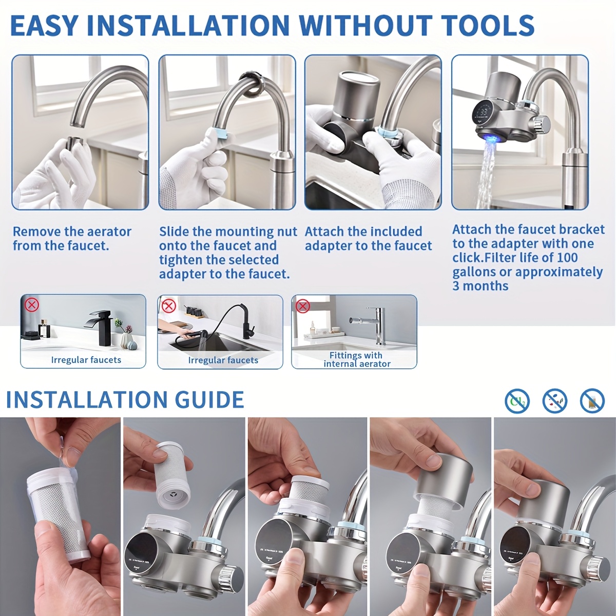 faucet mount water filtration system with dual head switch water temperature life display reduces lead     264 gallon tank chrome plated metal plastic faucet purifier for tap water compatible with bath Product details 4