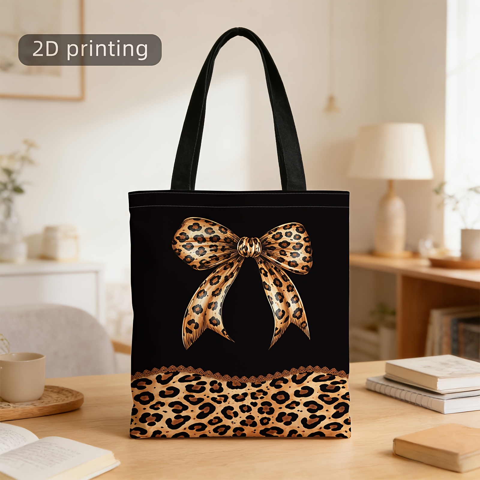 TEMU 1pc Double-sided Printed Tote Bag - Durable Material, Animal Print Leopard Pattern, Bow Decoration, Black Background, Lace Trim, Reusable,