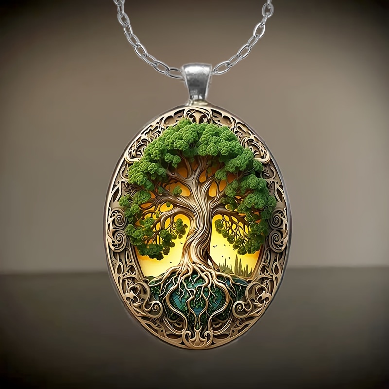 

1pc Fashion Elegant Tree Of Life Pattern Oval Glass Necklace Romantic Gift Jewelry