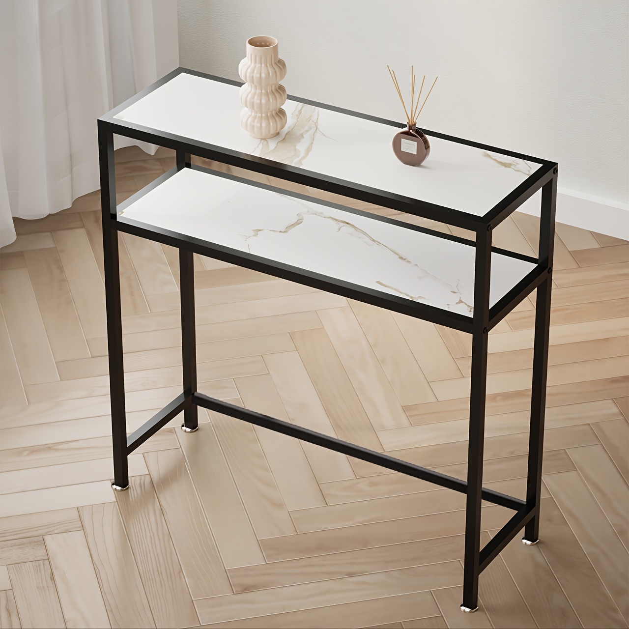 Mesa de Entrada Estrecha Jeenwur/Mesa Consola - Mesa Moderna de Ahorro de Espacio con Tapa de Madera de Pino y Estructura Robusta de Metal, Fácil Montaje, Adecuada para Pasillo, Sala de Estar, Entrada - Pequeño Soporte para TV, Mesa de Exhibición (80.01cm/80.49cm/27.0cm)