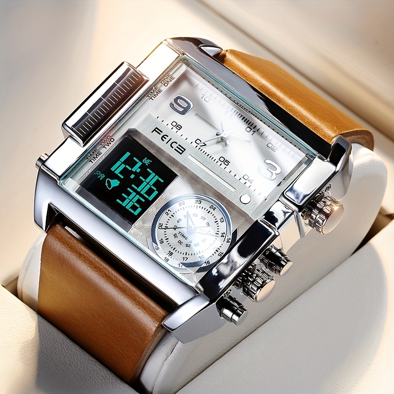     mens watch     quartz watch 50mm large dial square mens watch multifunctional sports mens watch luminous alarm clock timer 24h calendar cowhide strap mens gift fk030