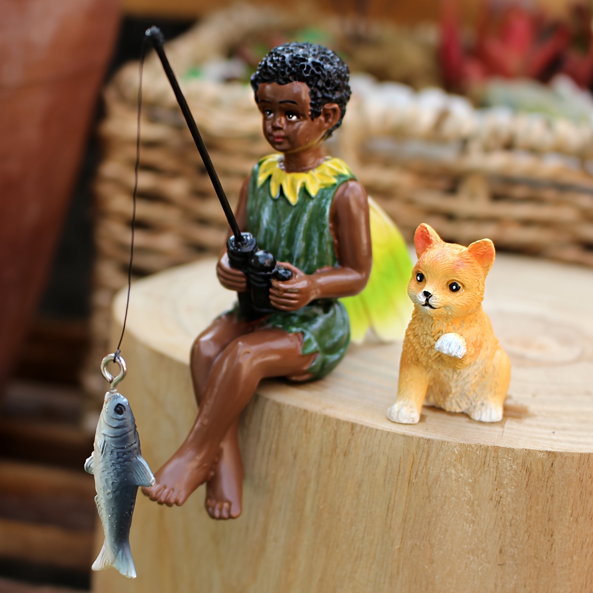 Cartoon Fishing Girl/boy Statue Resin Fisherman Sitting - Temu