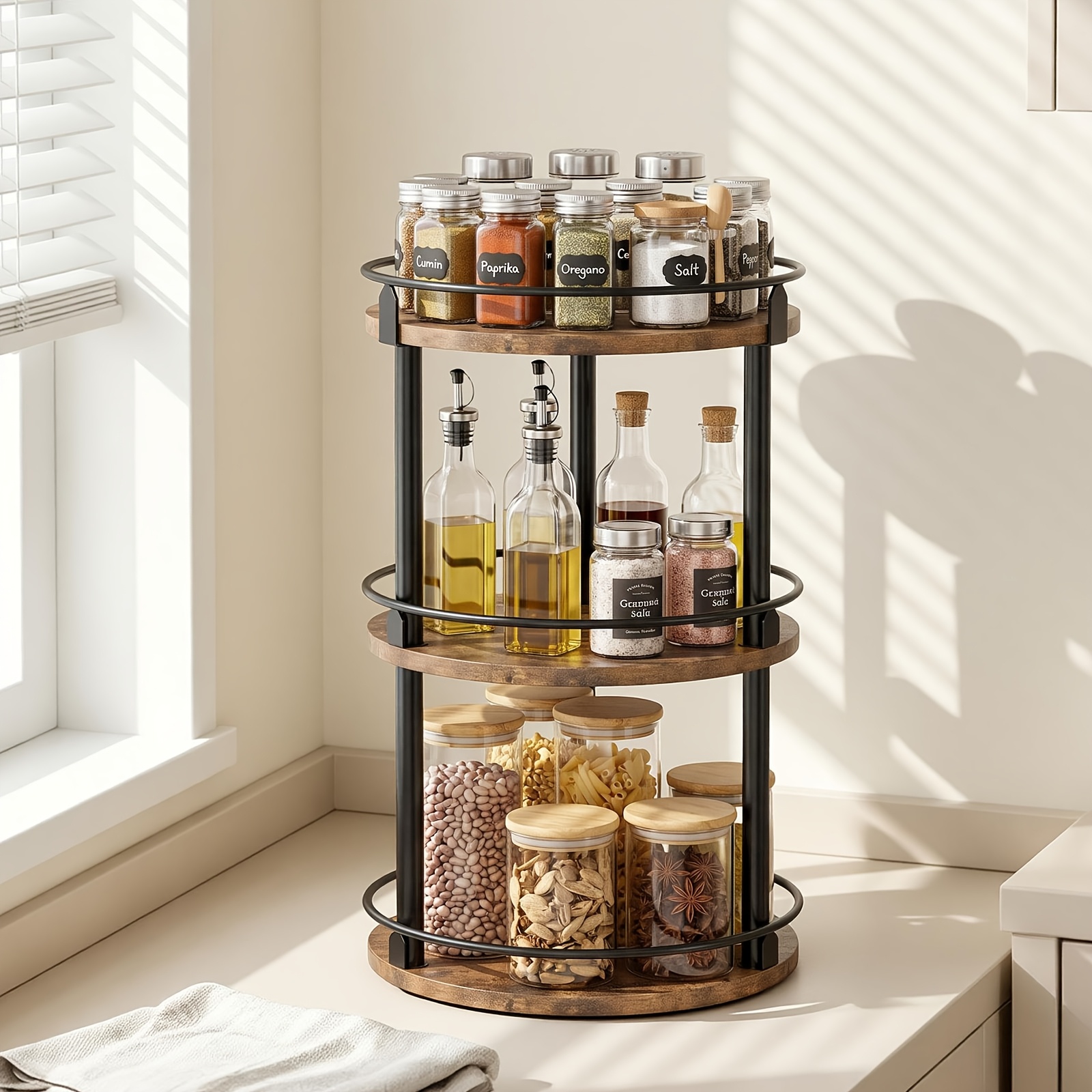 3-tier Large Capacity Rotating Spice Rack, Smooth 360° Access Lazy Susan Organizer, Space Kitchen Storage With Durable Wood & , Kitchen Turntable Organizer For Countertop Cabinet