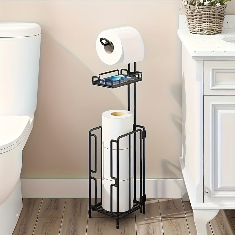 TEMU [christmas Halloween Gift] 1pc Freestanding Toilet Paper Holder With Storage - Self-adhesive, Wrought Bathroom Accessory For Tissues & Rolls,
