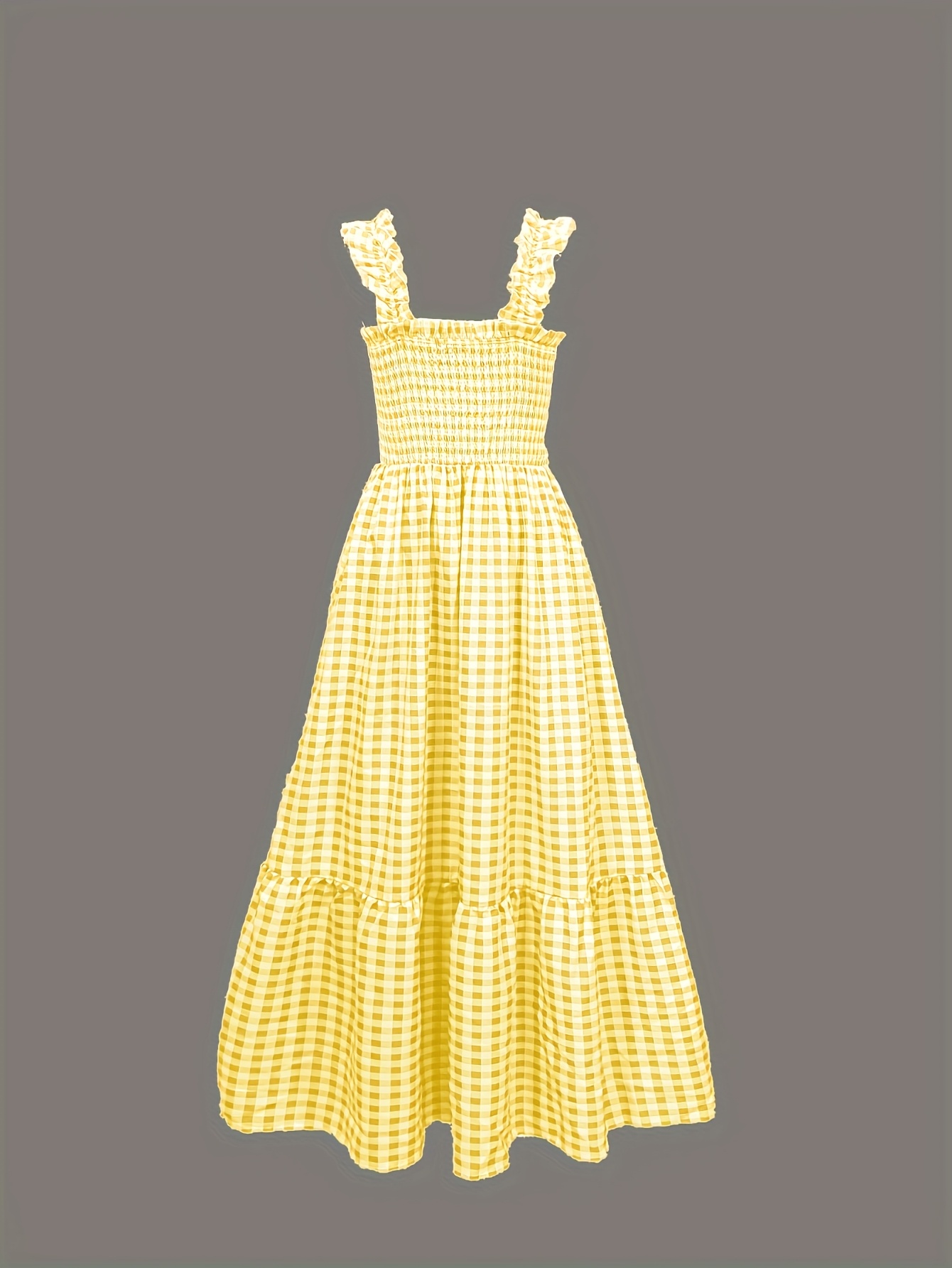 knee length dresses for ladies Ladies 70s Yellow & White Gingham Swiss Dot Maxi Dress