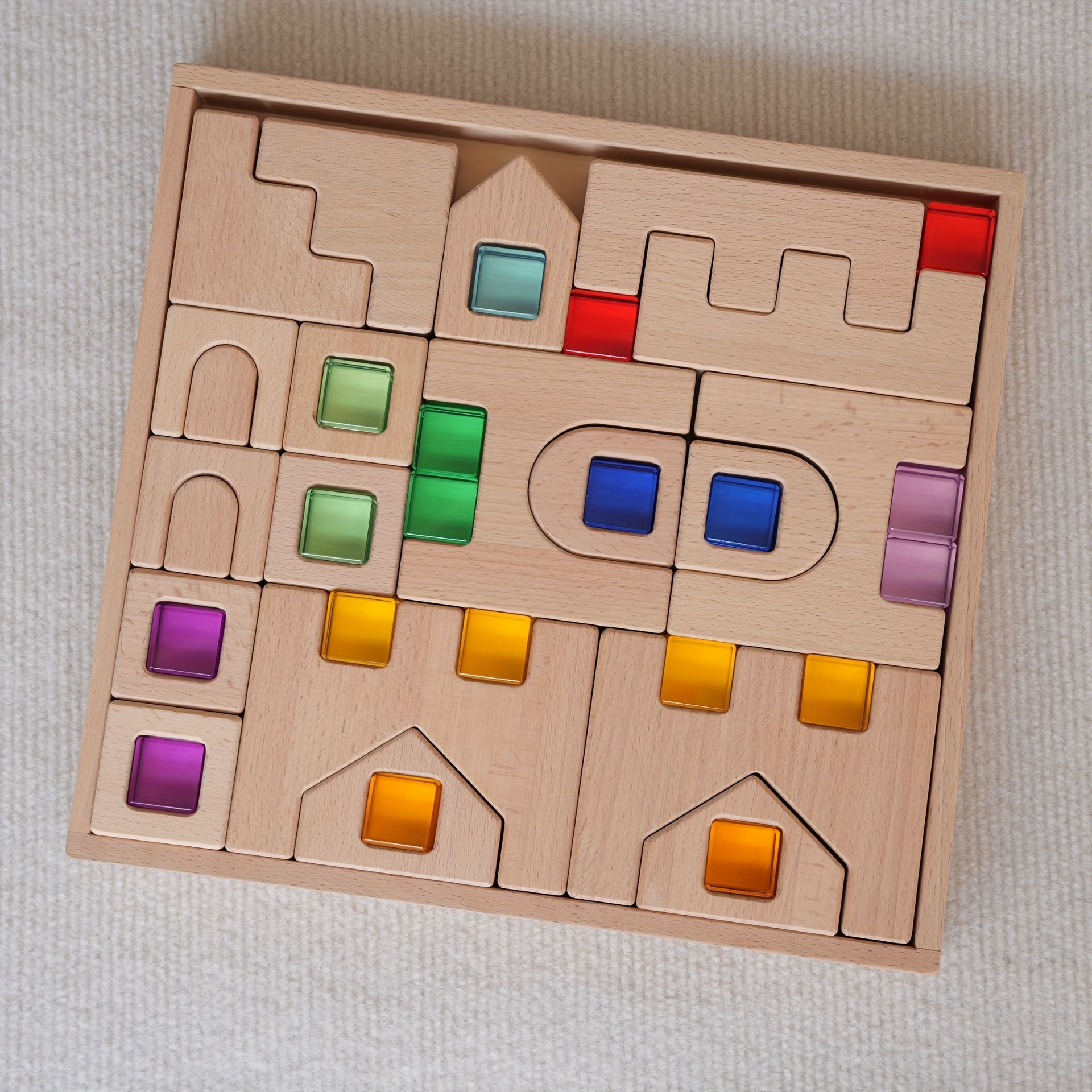 A Colorful, Light-transmitting Acrylic Set For A Wooden Castle, Featuring Acrylic Colored Gems As Stacking Toys Suitable For Children Aged 3 To 6
