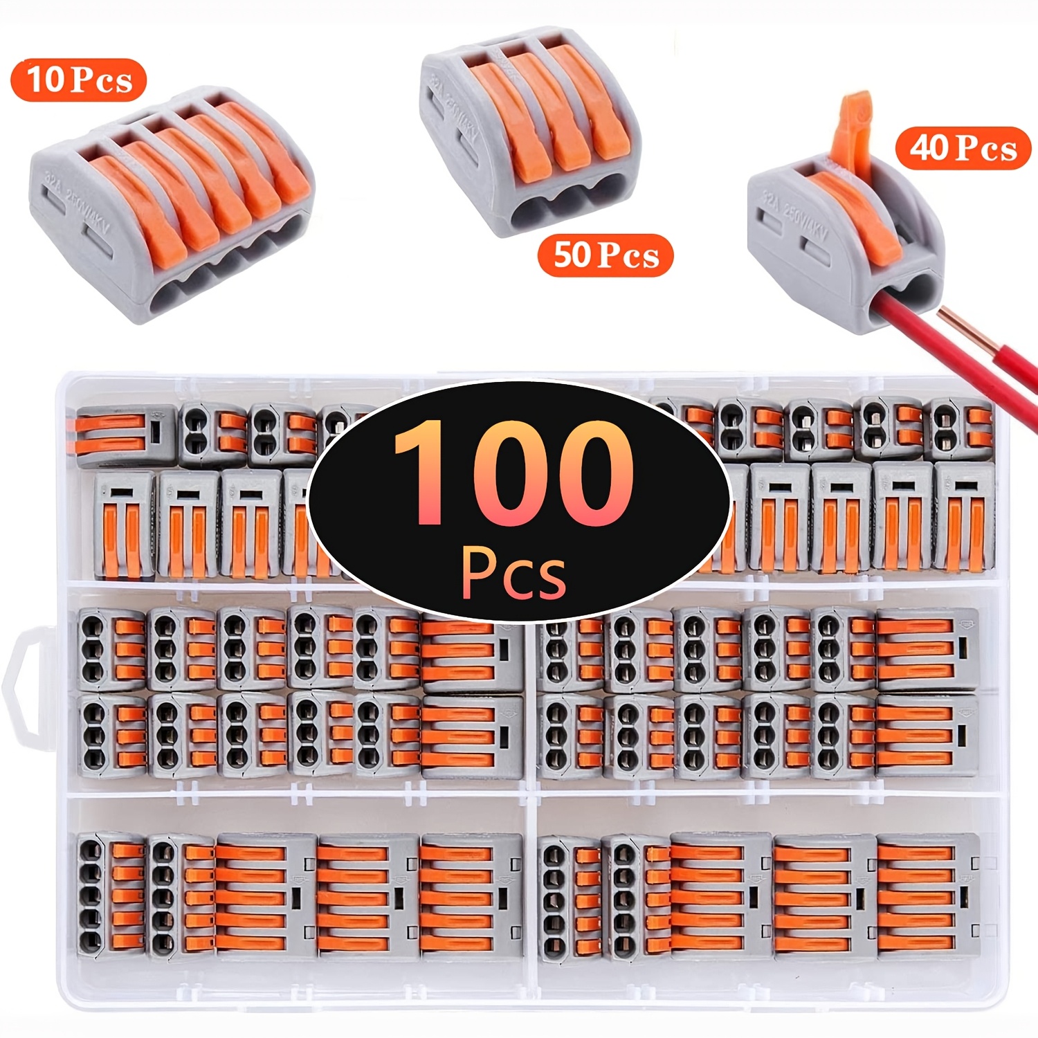 

100pcs Wire Connectors Assortment Kit With 28-12 Awg, 2/3/5 Conductor Combination Compact, Electric Wire Connectors, Quick Disconnect Compact Splicing Connectors