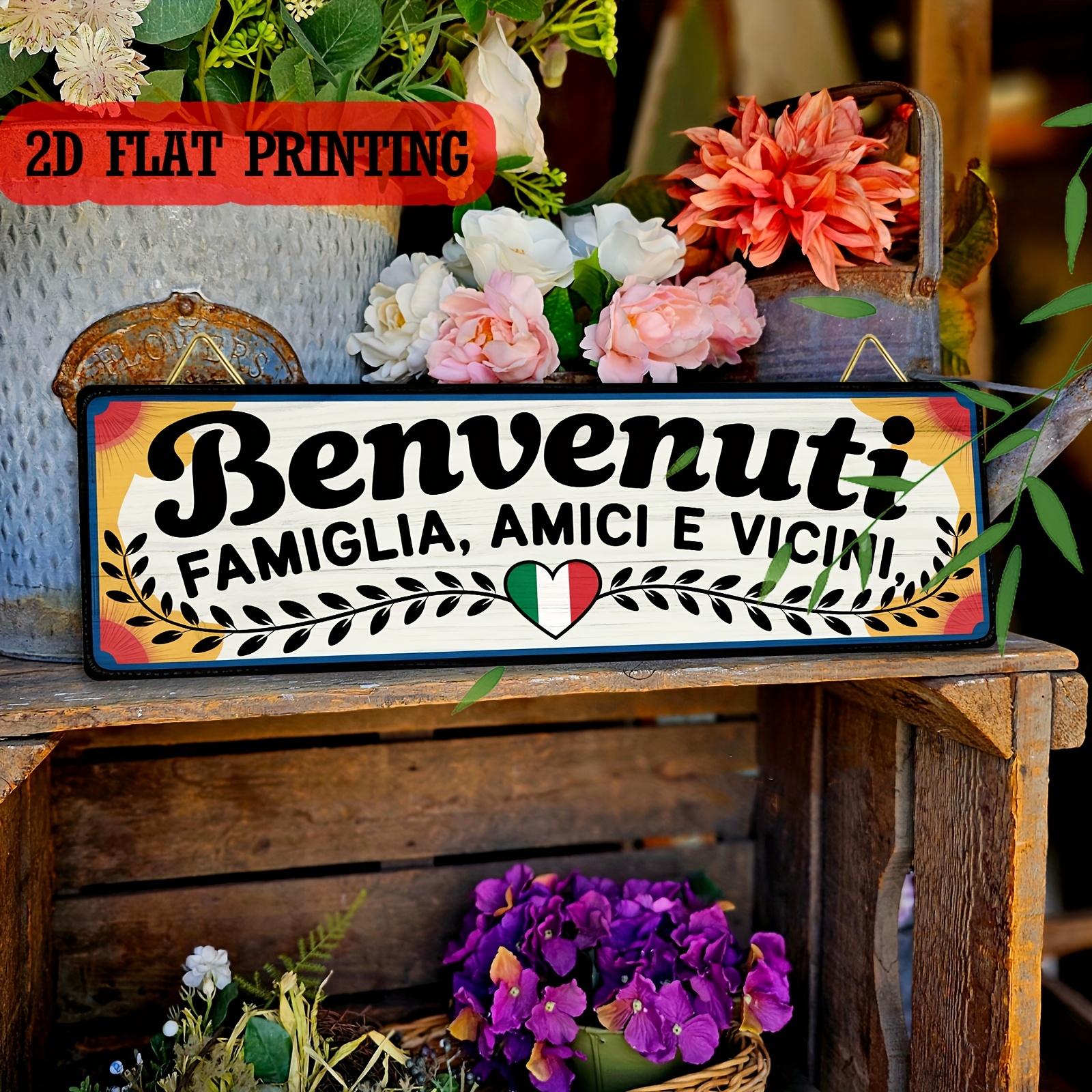 Image of 2d Flat, 1pc, Farmhouse Decorative Sign & Plaques, Italian Benvenuti Famiglia, E Wood Sign, Decor, , For Entryway, Living Room, Porch, Cafe, Housewarming Gift, 4.9x15.8 Inch, 2d Flat