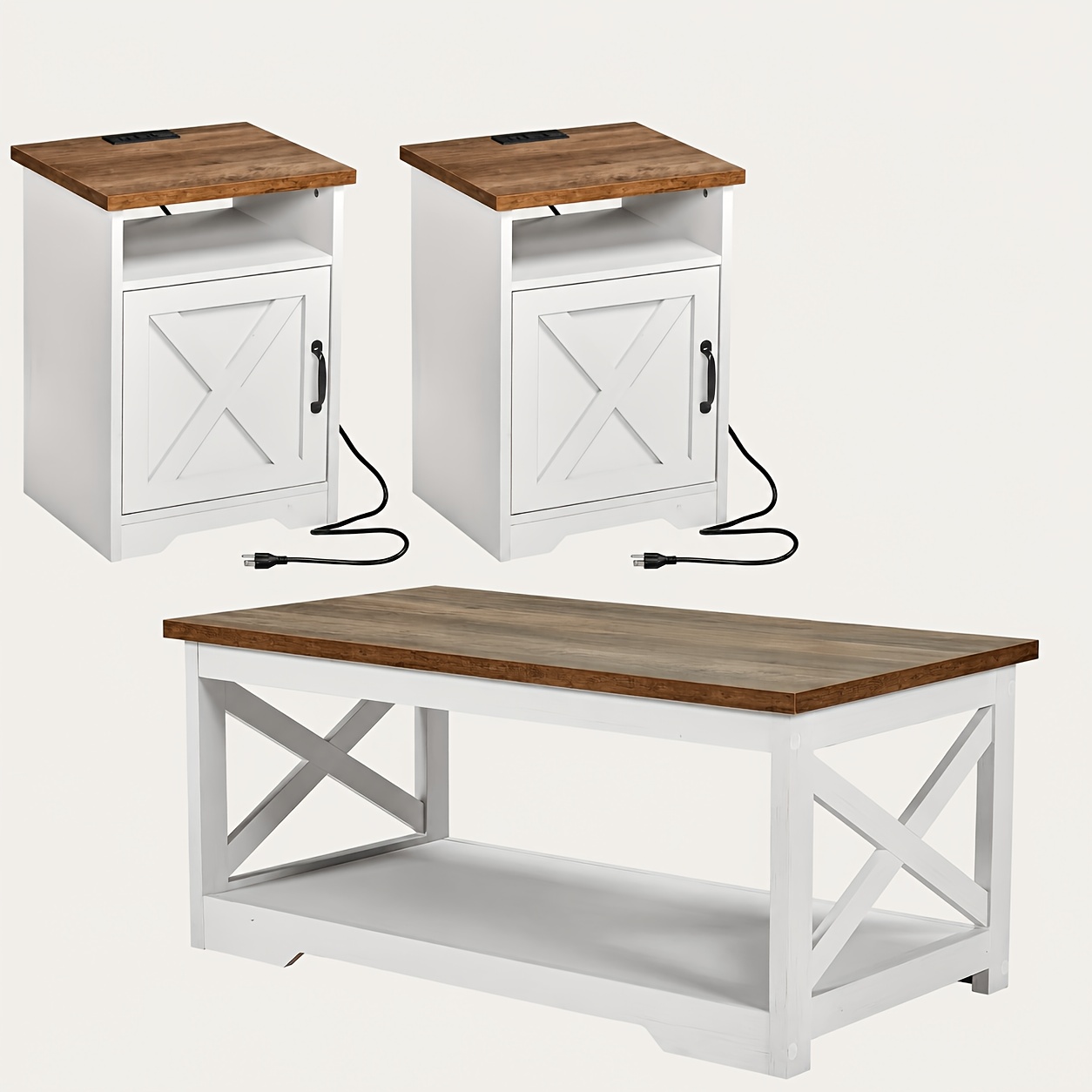 TEMU Ensemble de table de ferme 3 pièces comprenant un coffee table et deux tables d'extrémité, table d'appoint avec station de charge et ports USB,