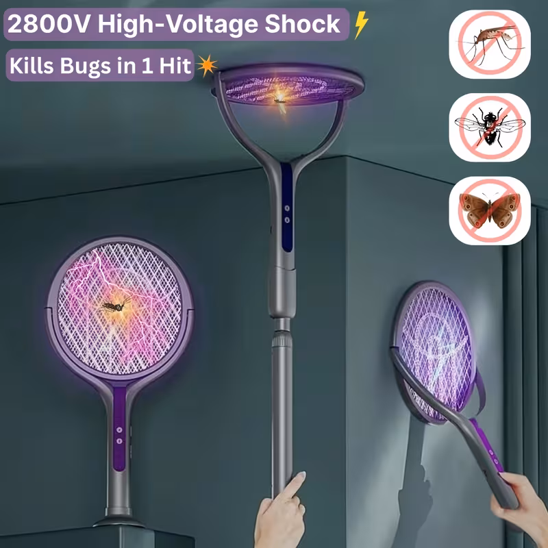 new arrival retractable extended electric fly swatter racket 2 in 1 smart bug zapper and generator with usb rechargeable base powerful trap lamp and fly killer for home bedroom Product details 4