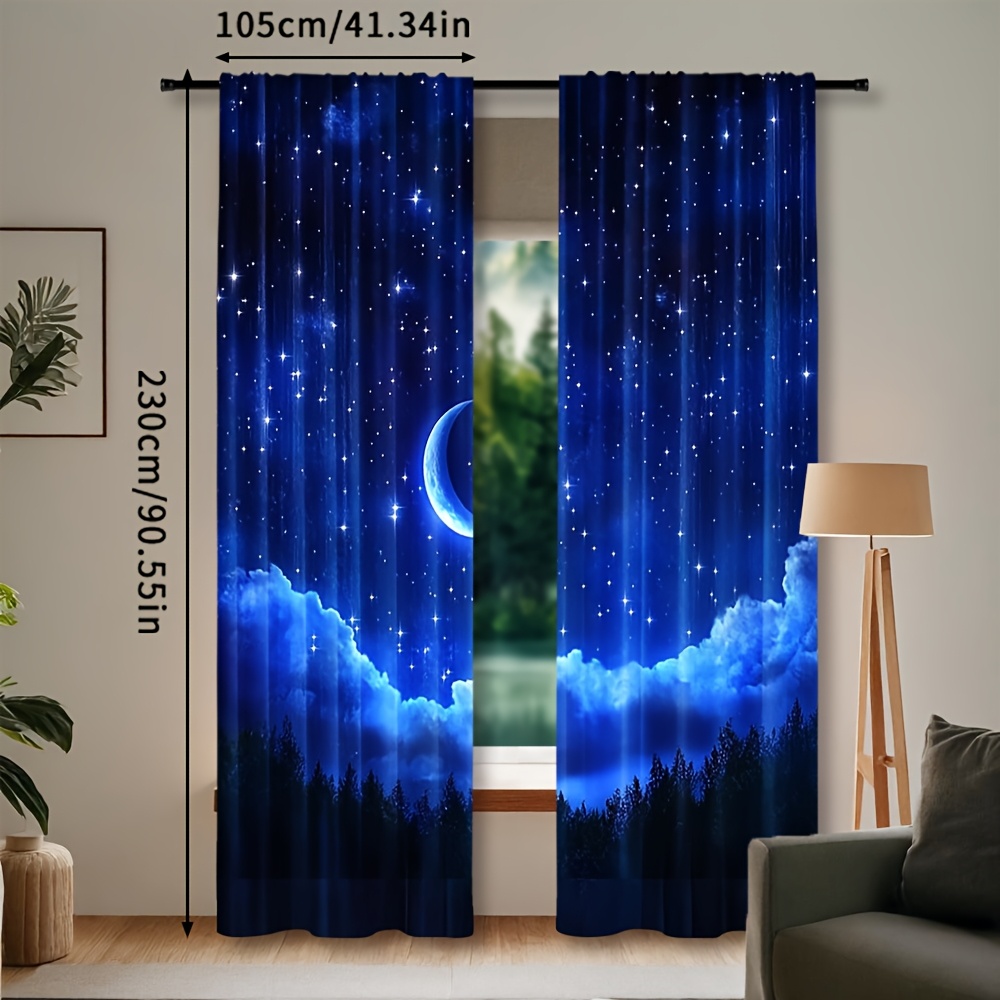 TEMU 2er-Set für Galaxie Sternenhimmel Fenstervorhänge - Halbmond & Sterne Design, Halbtransparente Polyester-Vorhänge mit Stangen-Tasche zum