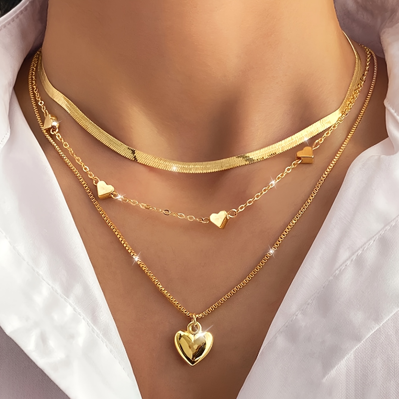 TEMU [new] 3pcs, Stacked Heart Snake Bone Necklace, High-quality Jewelry, Upgraded Fashion Necklace, Premium Decorative Necklace, Suitable For Daily