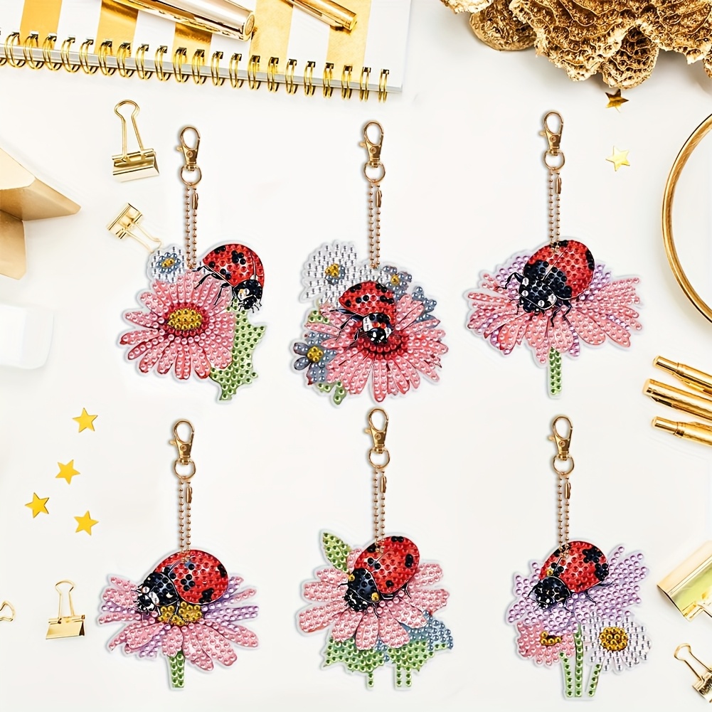 Image of 6pcs Set Insect Theme Diy Double-sided Rhinestone Diamond Painting Pendant, Diamond Painting Keychain, Handicraft Supplies For Home Decor Art Gift Supplies, Diamond Painting Kit, Party Decoration