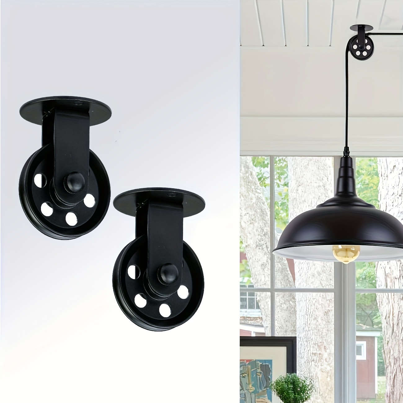 

2pcs 2.75" Black Pulley Wheels Set Of 2 For Plug In Pendant Light, Vintage Wall Ceiling Mount Pulleys For Hanging Lamp, Rustic Industrial Gazebo Pulleys For Chandelier Plant Grow Lights Outdoor