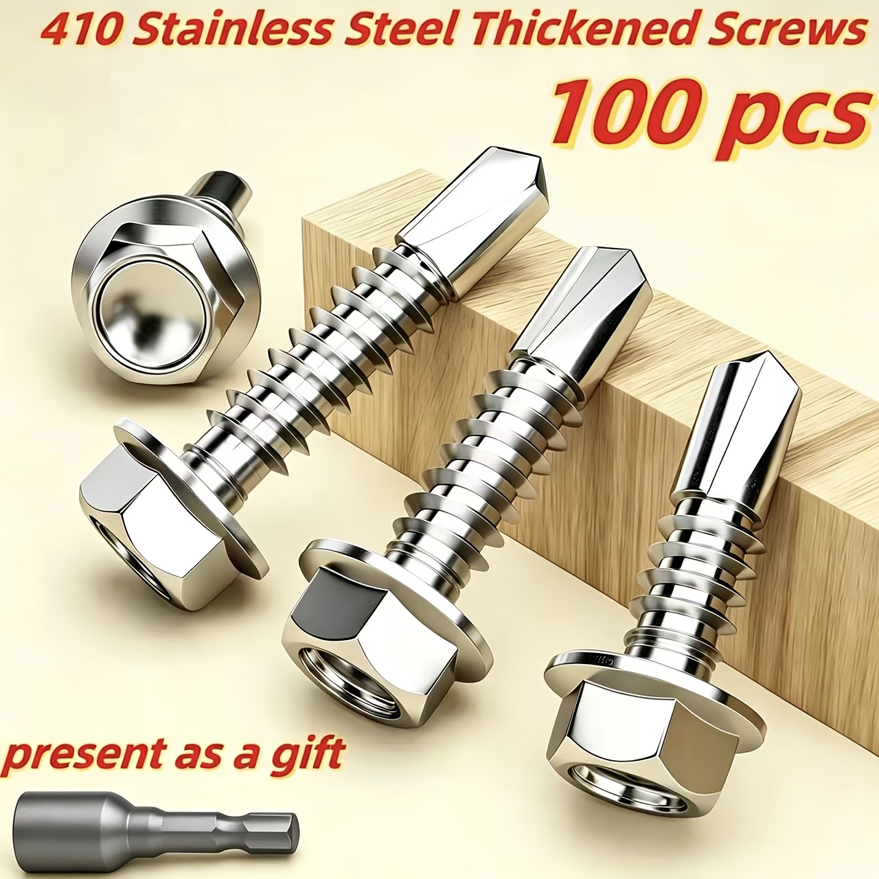 TEMU 100pcs #8 Hex Washer Head Self Drilling Screws Set With Free Driver Bit, 4.2mm Coarse Thread, Magnetic, Full Right-hand Thread, Multiple Sizes