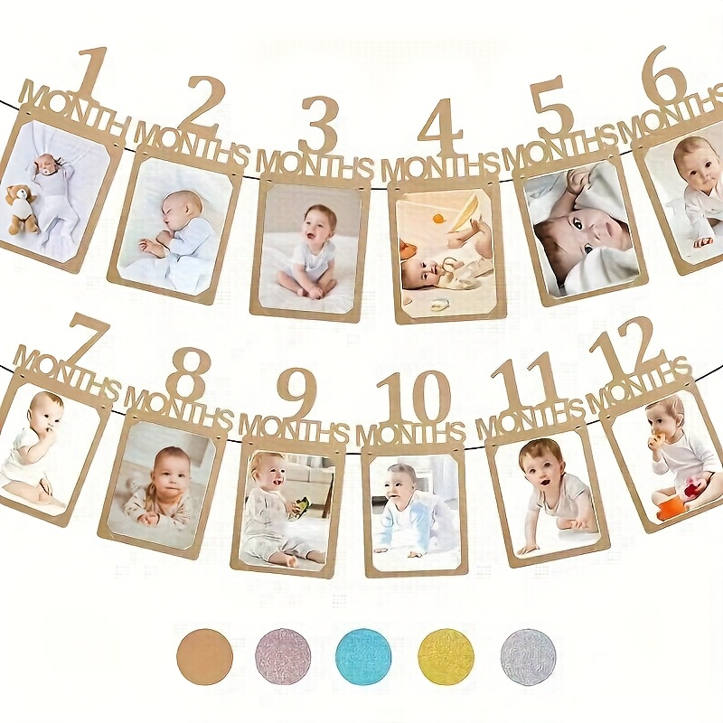 Image of 12pcs 1st Birthday Photo Banner, Golden Glitter Growth Chart 1 To 12 Month Photo Props, Monthly Milestone Dec Flags, First Birthday Celebration Supplies