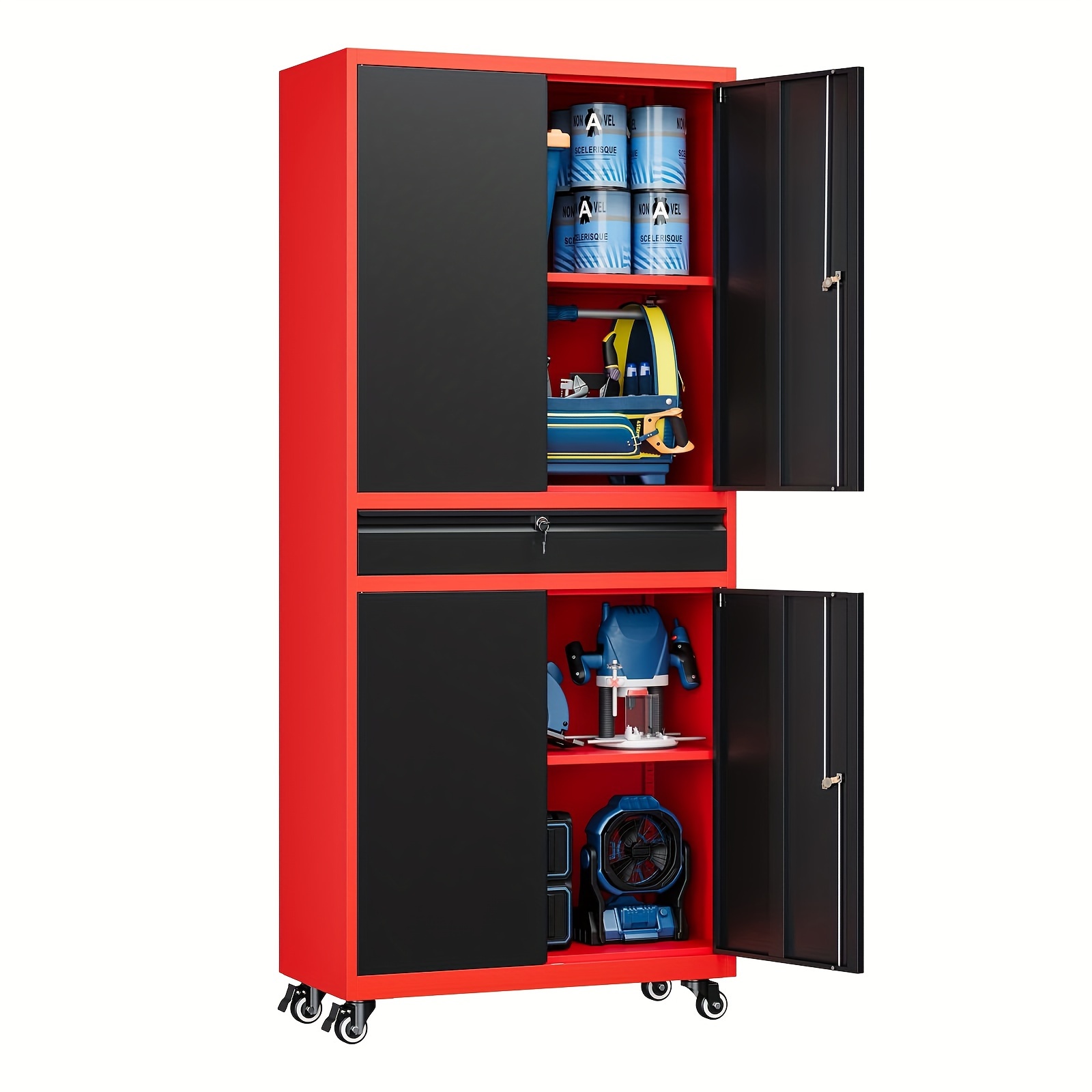 

Sisesol Metal Garage Storage Cabinet With Locking Doors And Adjustable Shelves, Rolling Tool Storage Cabinet With 4 Wheels And 1 Drawer - 73" Steel Locking Cabinet For Garage, Warehouse