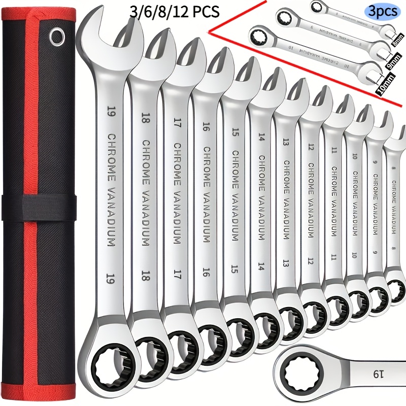 conjunto de chaves combinadas de aço   vanádio 3pcs/6pcs/8pcs/12pcs (8-19mm) - chave   de cabeça  ,   mecânica, design não ajustável | ferramentas manuais duráveis para reparos automotivos e domésticos. ferramentas de encanamento, ferramentas compactas, conjunto de ferramentas