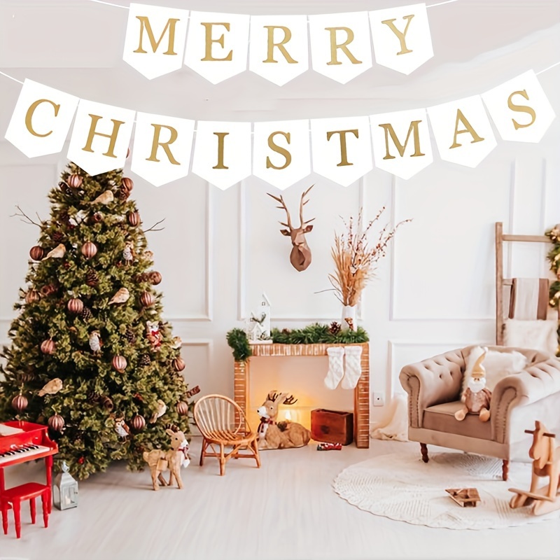 Image of 1pc, Christmas Banners Christmas Party Wall Decoration Banners Christmas White And Golden Banners Christmas Party Decorations